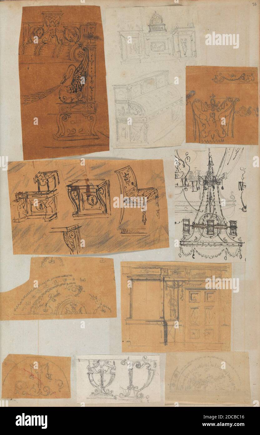 Page d'un album contenant des dessins et plusieurs imprimés d'architecture, d'intérieurs, de meubles et d'autres objets, ca. 1800-1850. Banque D'Images