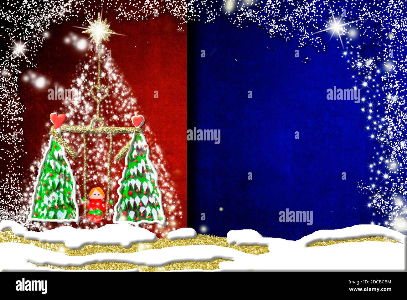 Noël salutation arrière-plan.mignon figurine garçon sur balançoire des arbres de noël en paysage enneigé avec espace blanc bleu Banque D'Images