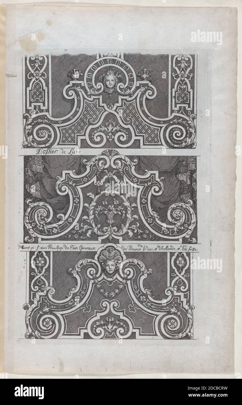 Trois dessins pour têtes de lit brodées, de nouveaux Liure da Partements, faisant partie des œuvres du Sr D. Marot, publié en 1703 ou 1712. Banque D'Images