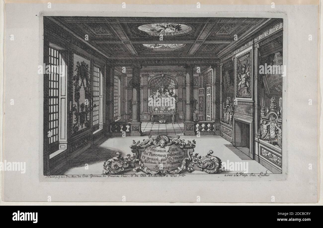 Plaque de titre avec une cartouche dans un intérieur somptueux, de nouveaux Liure da Partements, faisant partie des œuvres du Sr D. Marot, publiée en 1703 ou 1712. Banque D'Images