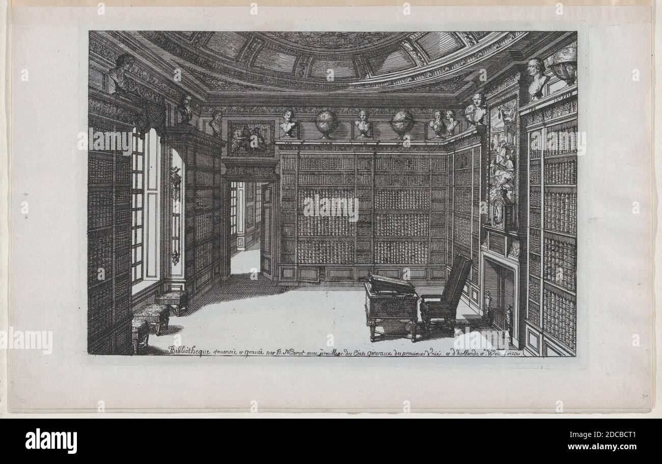 Intérieur d'une bibliothèque, de nouveaux Liure da Partements, faisant partie des œuvres du Sr. D. Marot, publié en 1703 ou en 1712. Banque D'Images