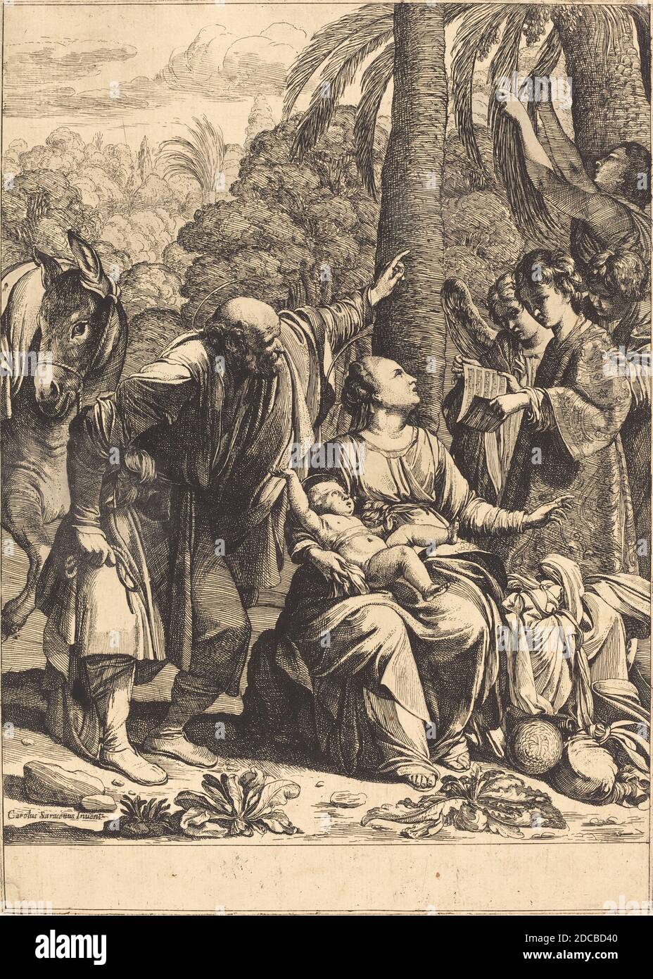Jean Leclerc, (artiste), français, c. 1587 - 1633, Carlo Saraceni, (artiste après), Roman, 1579 - 1620, repos sur le vol en Égypte, c. 1619, gravure Banque D'Images