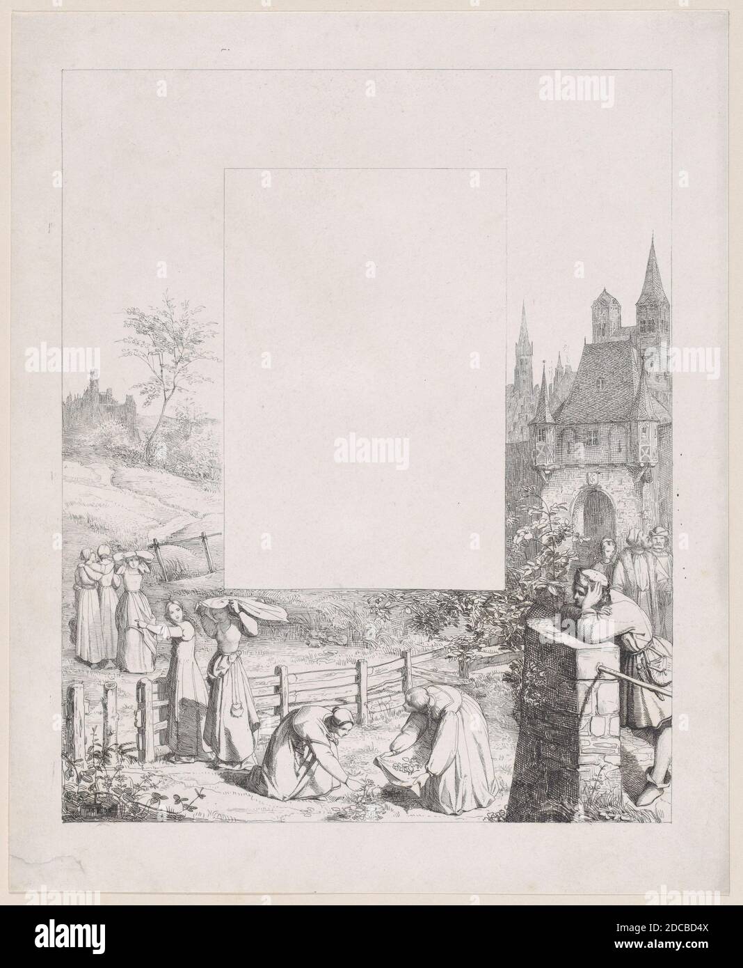 Planche 5: Les femmes collectent des plantes et les portent sur leur tête, un homme à droite et un château en arrière-plan, de 'Lieder eines Malers mit Randzeichnungen seiner Freunde', 1836. Banque D'Images