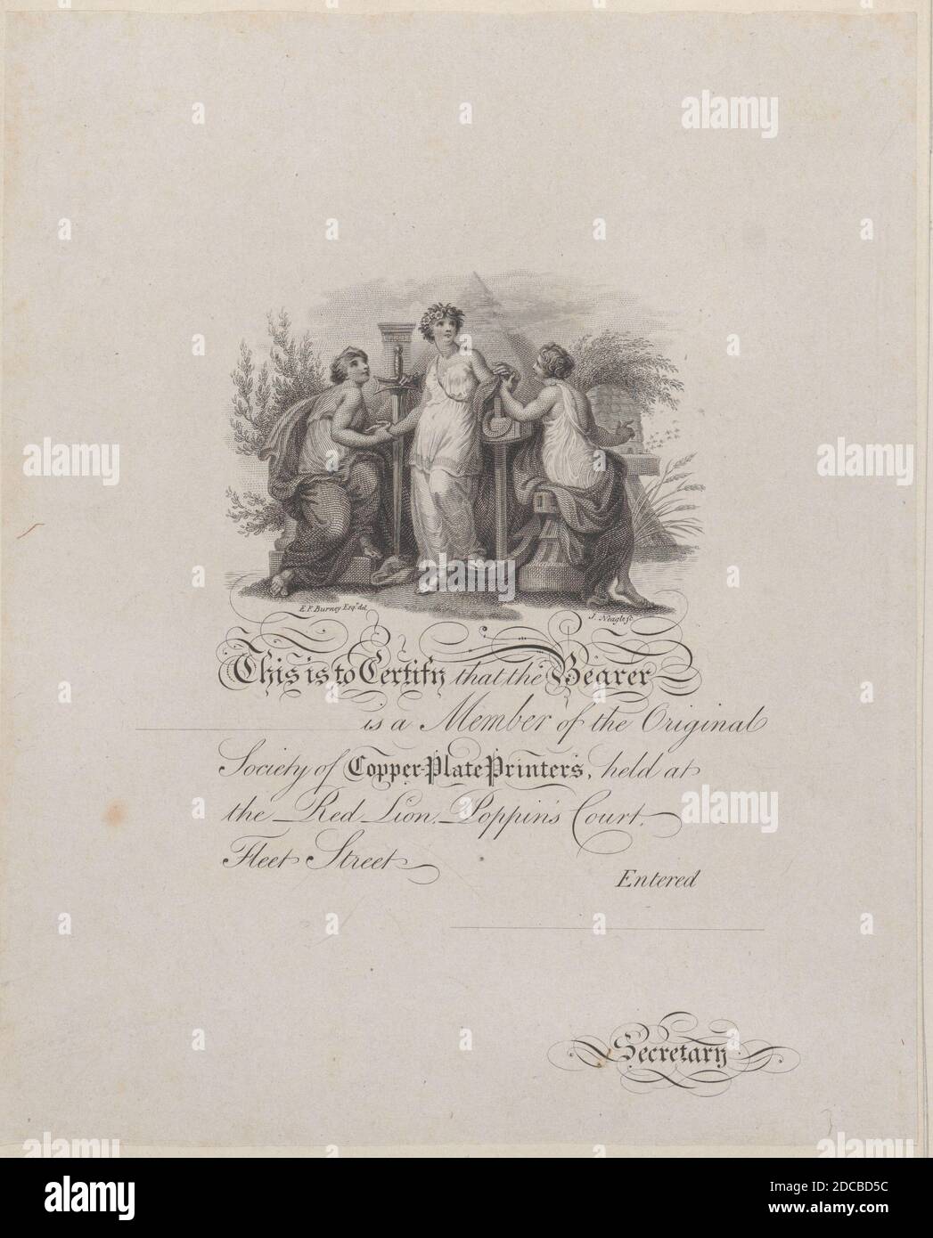 Certificat de membre de la Société des imprimeurs de plaques de cuivre, 19e siècle. Banque D'Images