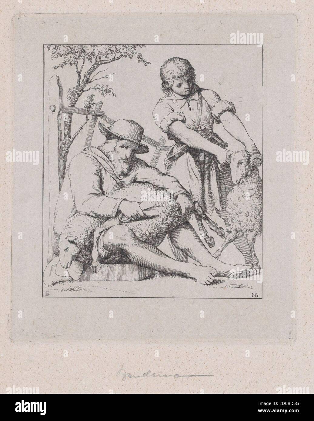Deux hommes de tonte de mouton, ca. 1842. Banque D'Images