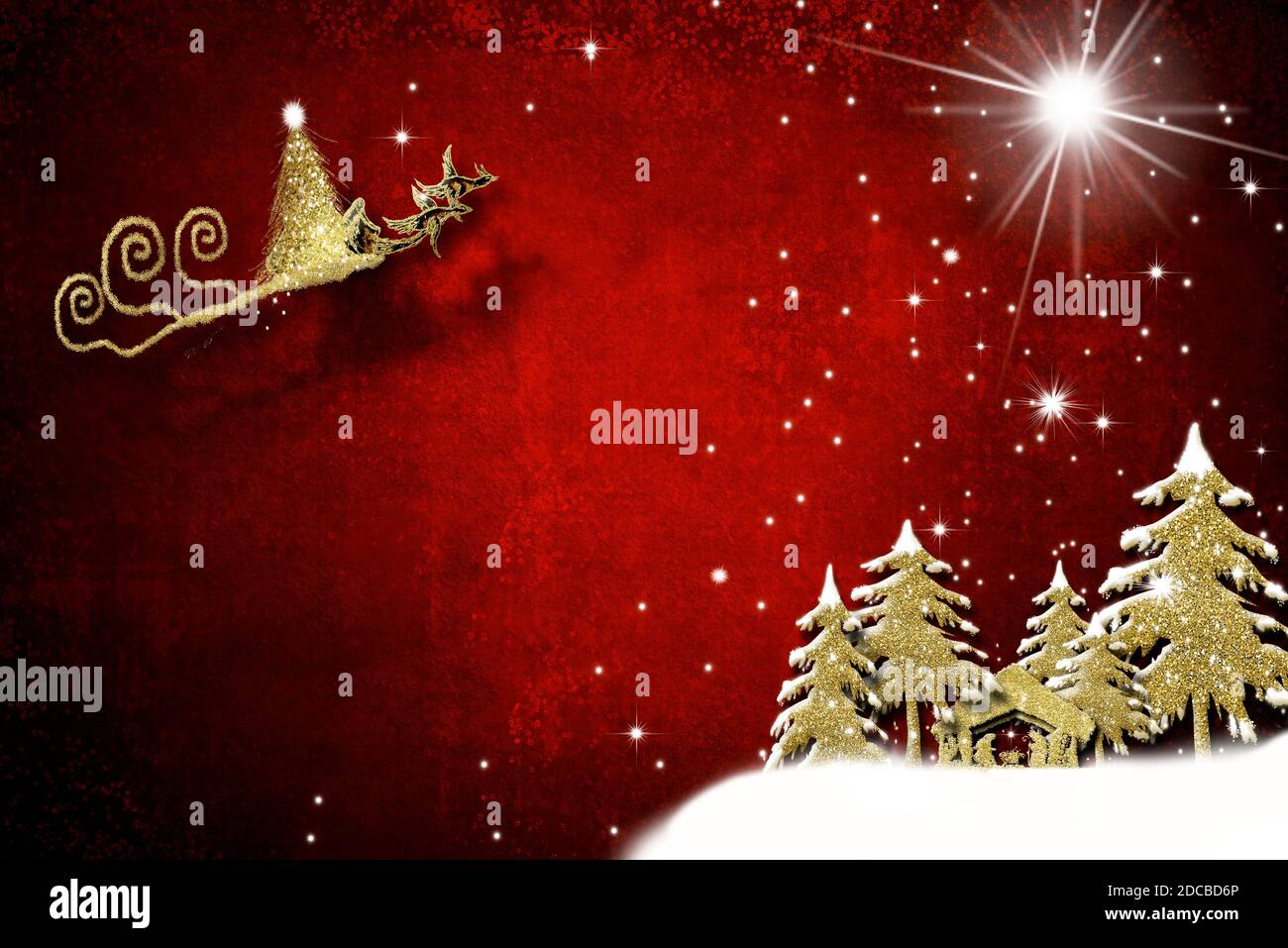 Carte de voeux Nativité de Noël. Scène Nativité et traîneau du Père Noël dessinés à la main avec paillettes dorées sur fond rouge avec espace pour écrire le message. Banque D'Images