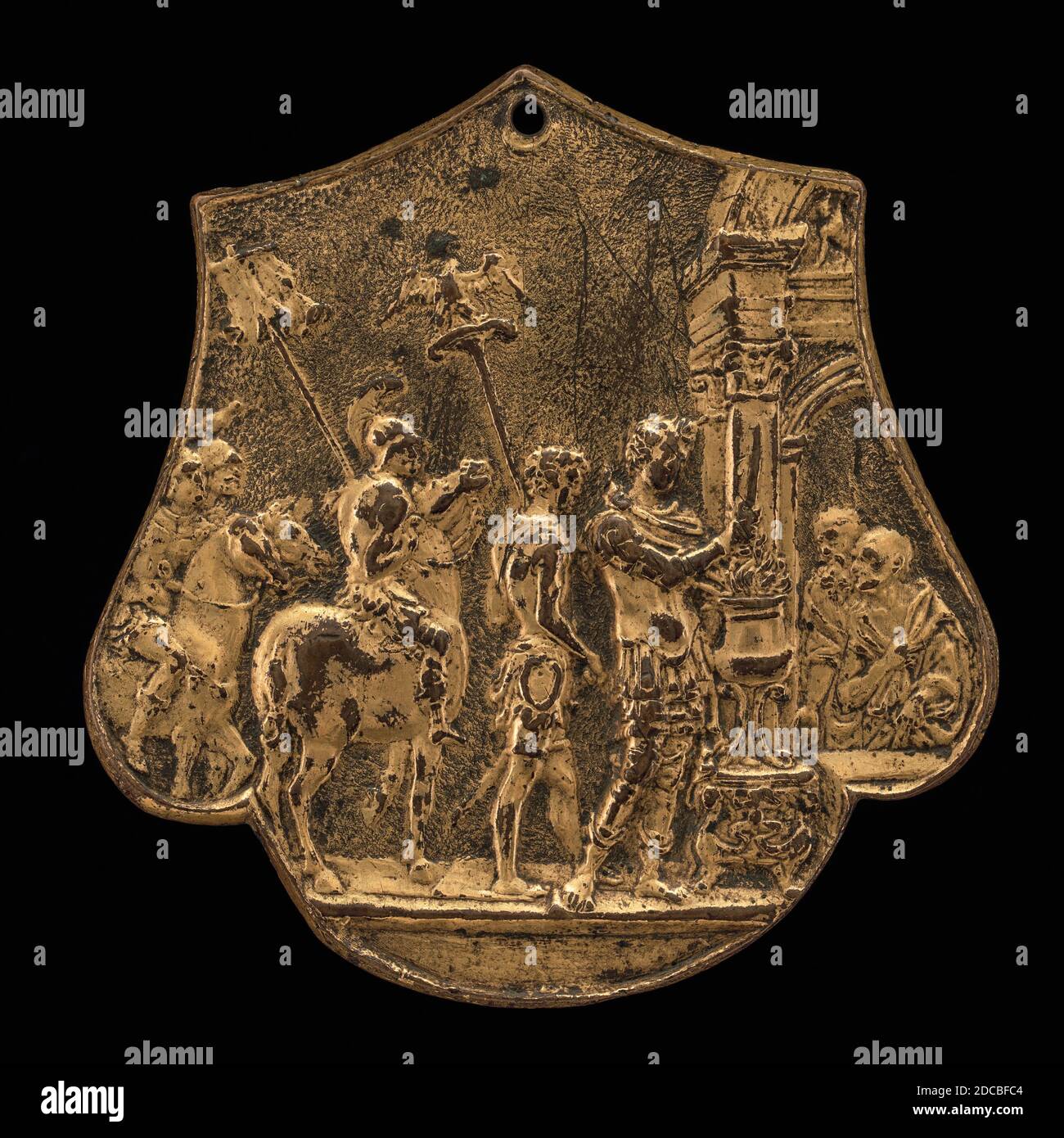 Master IO.F.F., (artiste), Bolognese, active 1468/1484, Mucius Scaevola, deuxième moitié du XVe siècle, bronze doré, total (irrégulier): 5.88 × 5.73 cm (2 5/16 × 2 1/4 in.), poids brut: 33.59 gr (0.074 lb Banque D'Images