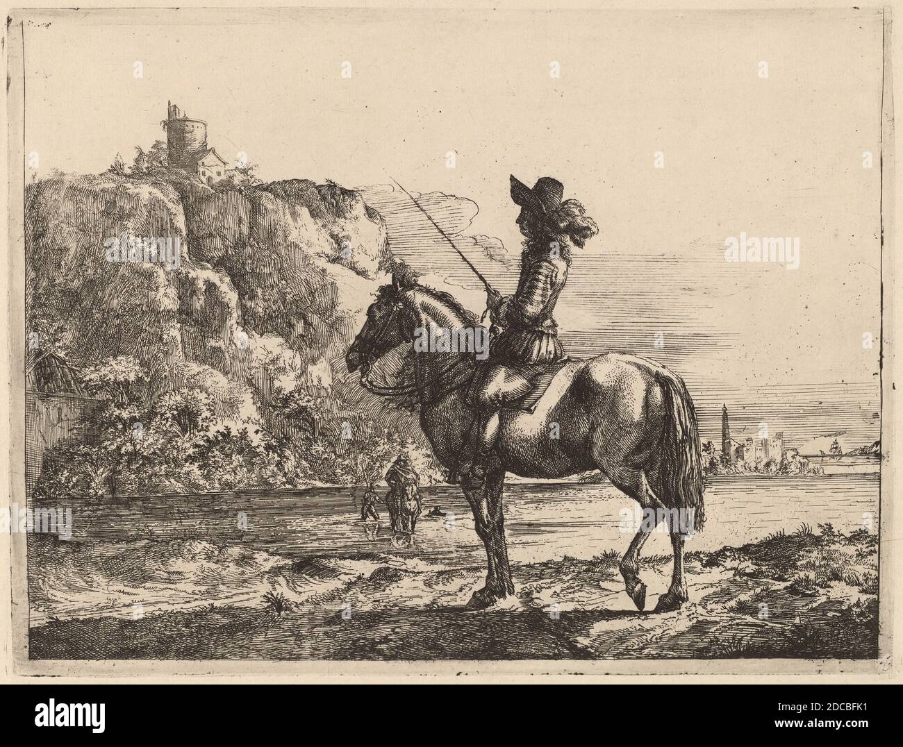 Jacob Duck, (artiste), Néerlandais, c. 1600 - 1667, Paysage fluvial avec Horseman, gravure Banque D'Images