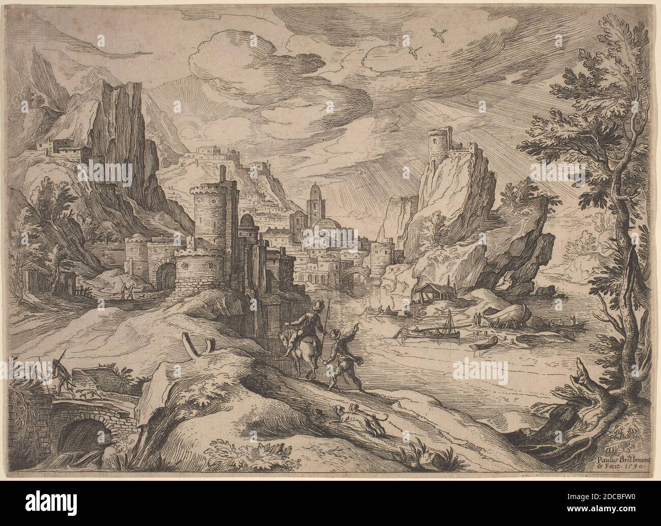 Paul Bril, (artiste), Flamand, 1554 - 1626, Paysage fluvial avec voyageurs, gravure Banque D'Images