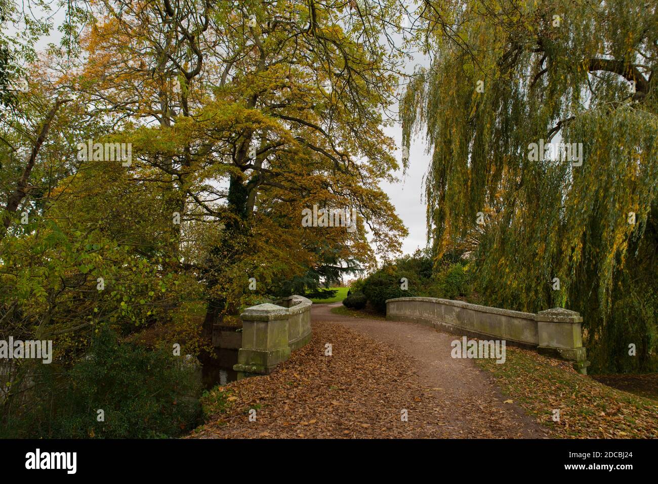 Belle allée recouverte de moquette de feuilles dorées sur le pont en pierre mur et arbres environnants dans un parc en automne Banque D'Images