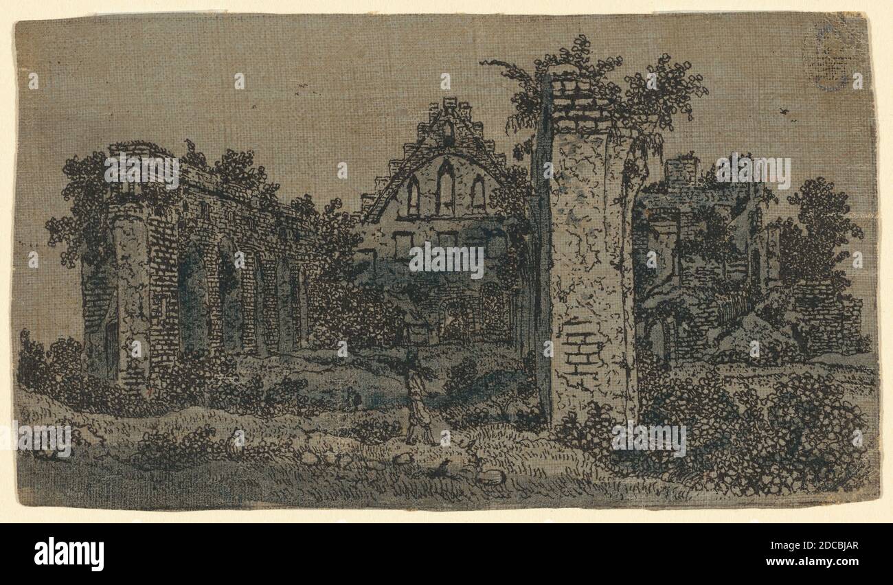 Hercules Seghers, (artiste), néerlandais, c. 1590 - c. 1638, ruines de l'abbaye de Rijnsburg : petite version, c. 1618-1622, gravure imprimée en noir sur lin (préparé avec le sol) et couleur main avec aquarelle bleue, feuille (découpée dans le marquage de la plaque): 10 x 17.5 cm (3 15/16 x 6 7/8 po Banque D'Images