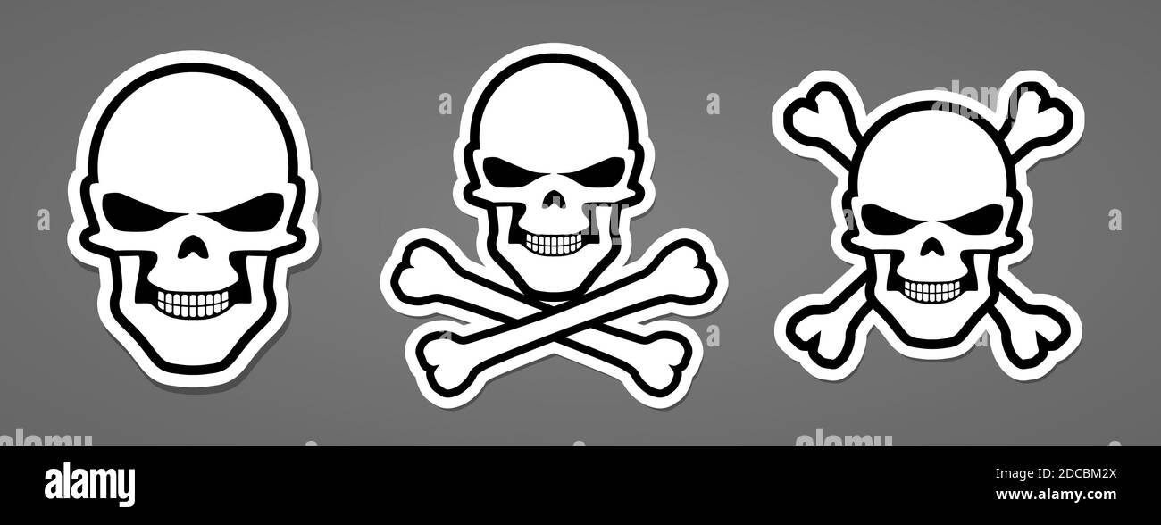 Symbole pirate avec crâne méchant et bouton de croix d'os croisés ou illustration vectorielle de l'autocollant Illustration de Vecteur