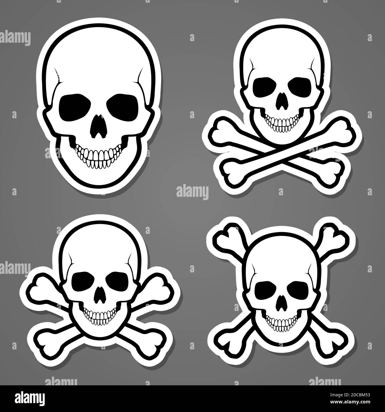 Symbole du crâne humain avec le symbole de poison crossbone et Jolly roger illustration vectorielle de bouton ou d'autocollant Illustration de Vecteur