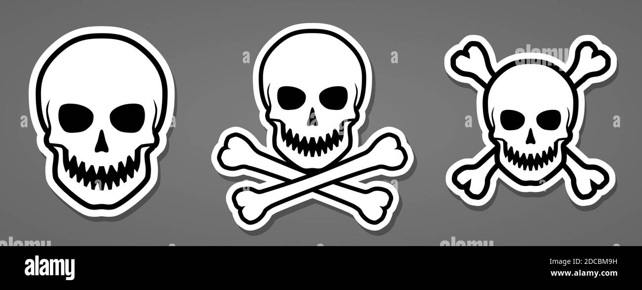 Symbole du crâne humain mal avec dents acérées et bouton crossbone ou illustration vectorielle de l'autocollant Illustration de Vecteur
