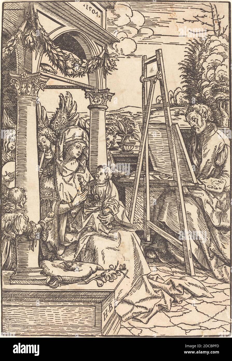 Hans Burgkmair I, (artiste), allemand, 1473 - 1531, Saint Luke Painting the Portrait of the Virgin, 1507, coupe de bois Banque D'Images