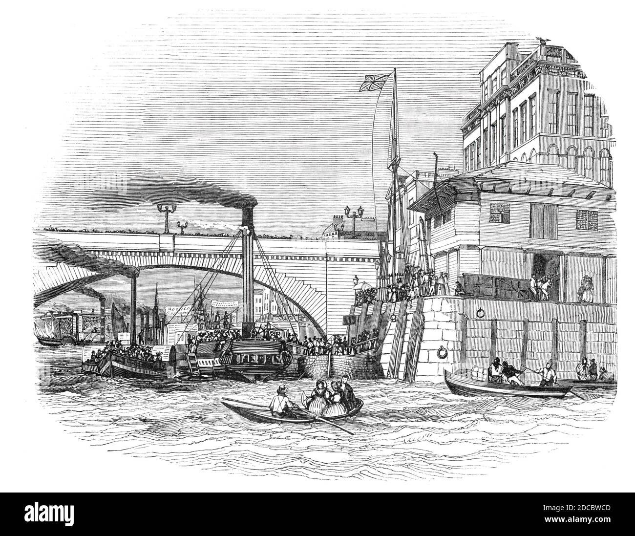 London Bridge Steam Wharf, 1844. Bateaux à vapeur sur la Tamise: 'La scène animée représentée dans la gravure - le quai de paquet de vapeur à London-Bridge - peut être considérée comme le principal foyer de ce moyen de transport étendu. Le nombre d'arrivées et de départs à cet endroit pendant la journée est vraiment étonnant; et à l'actuelle haute saison de vapeur, est une source constante d'attraction. Les navires sont de tous les degrés de tonnage; et de là, et le Fresh Wharf adjacent, et Cox et Hammond's Quays, les bateaux à vapeur commencent pour Greenwich, Woolwich, Sheerness, Gravesend, Herne Bay, Margate, Deal Banque D'Images