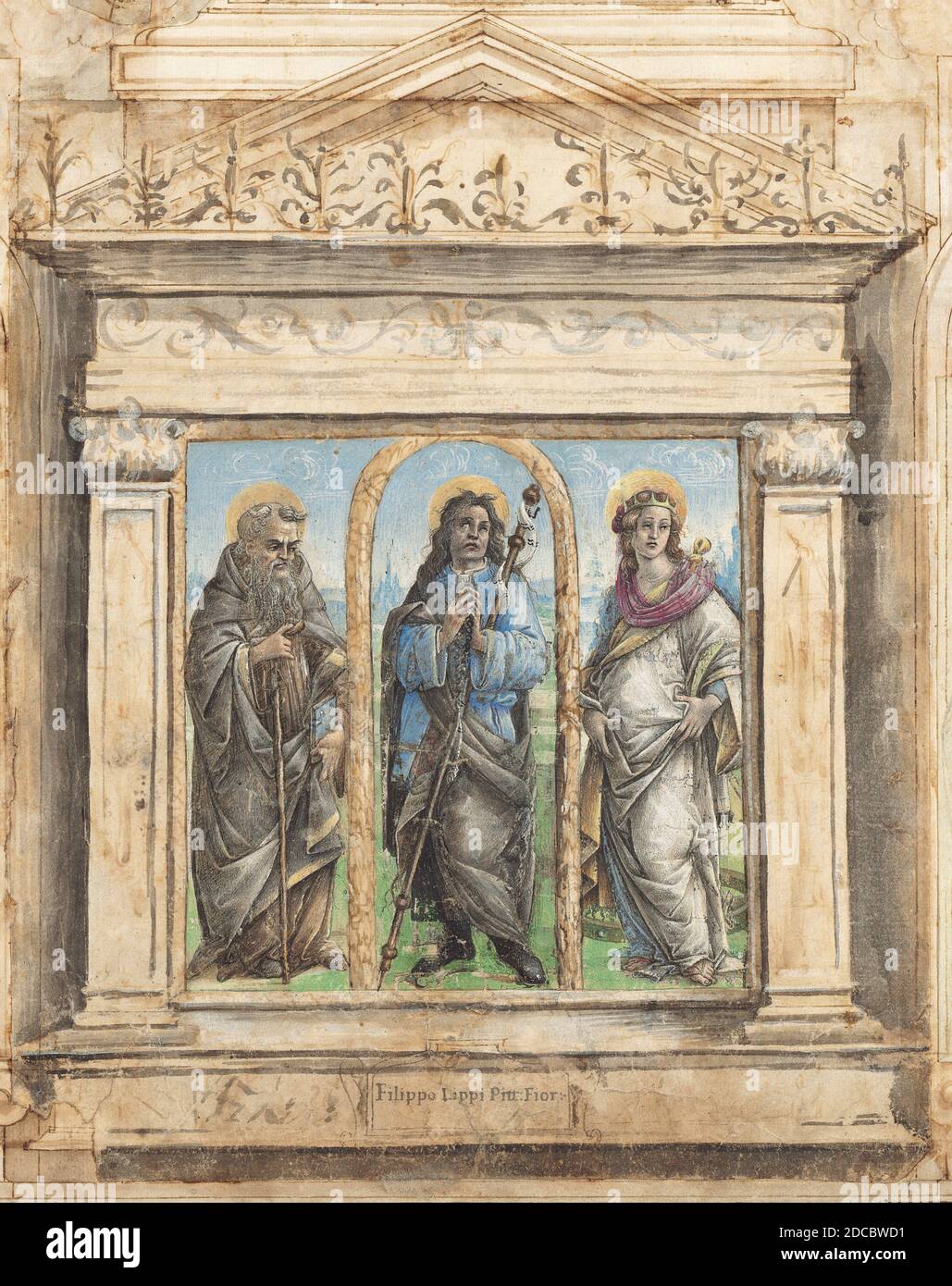 Raffaellino del Garbo, (artiste), Florentine, 1466 - 1524, Saint Roch entre Saints Anthony Abbot et Catherine d'Alexandrie, c. 1485/1495, gouache et lavage brun rehaussé de blanc sur papier couché, image: 15.3 x 15.6 cm (6 x 6 1/8 in.), feuille: 29.9 x 25.6 cm (11 3/4 x 10 1/16 in Banque D'Images