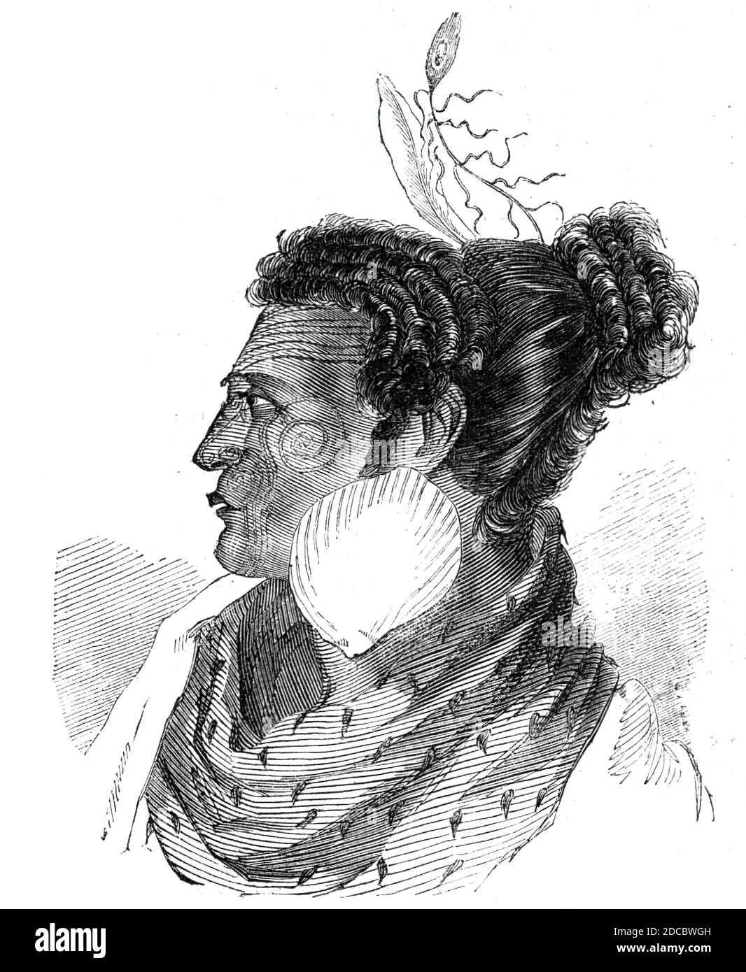 Rangihaeata - « général de combat », 1844. Portrait, après un dessin de M. J. Greaves, du guerrier maori te Rangihaeata, chef de la tribu Ngati Toa et neveu de te Rauparaha, 'les deux chefs qui ont pris la plus grande part dans le massacre tardif de Wailau... il y a plus d'un an, Rangihaeata a attaqué quelques colons qui louaient des terres près de Porirua, détruit leurs maisons, et les ont chassé". De "Illustrated London News", 1844, vol I. Banque D'Images