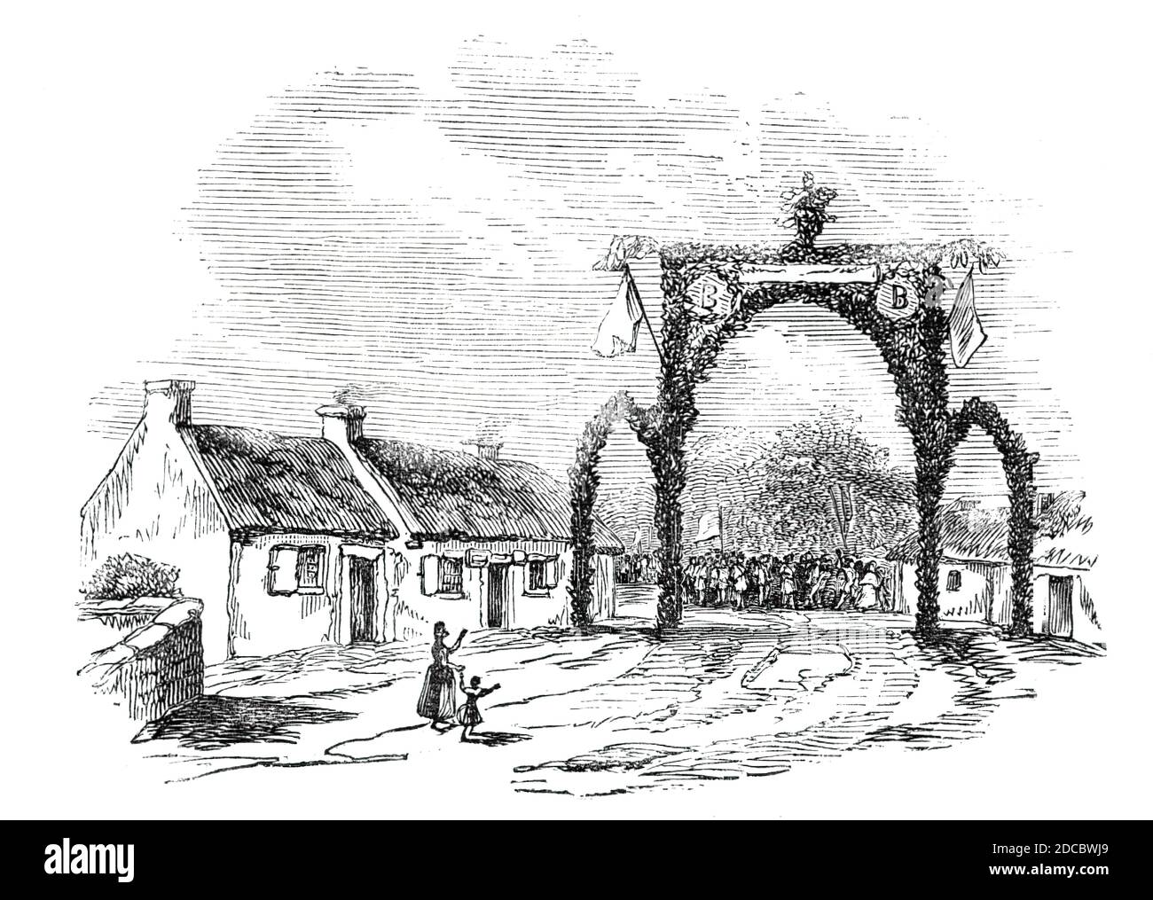 Arche près de la maison de Burns, 1844. Arc floral à Ayr, dans le cadre du festival célébrant le poète écossais Robert Burns. De "Illustrated London News", 1844, vol I. Banque D'Images