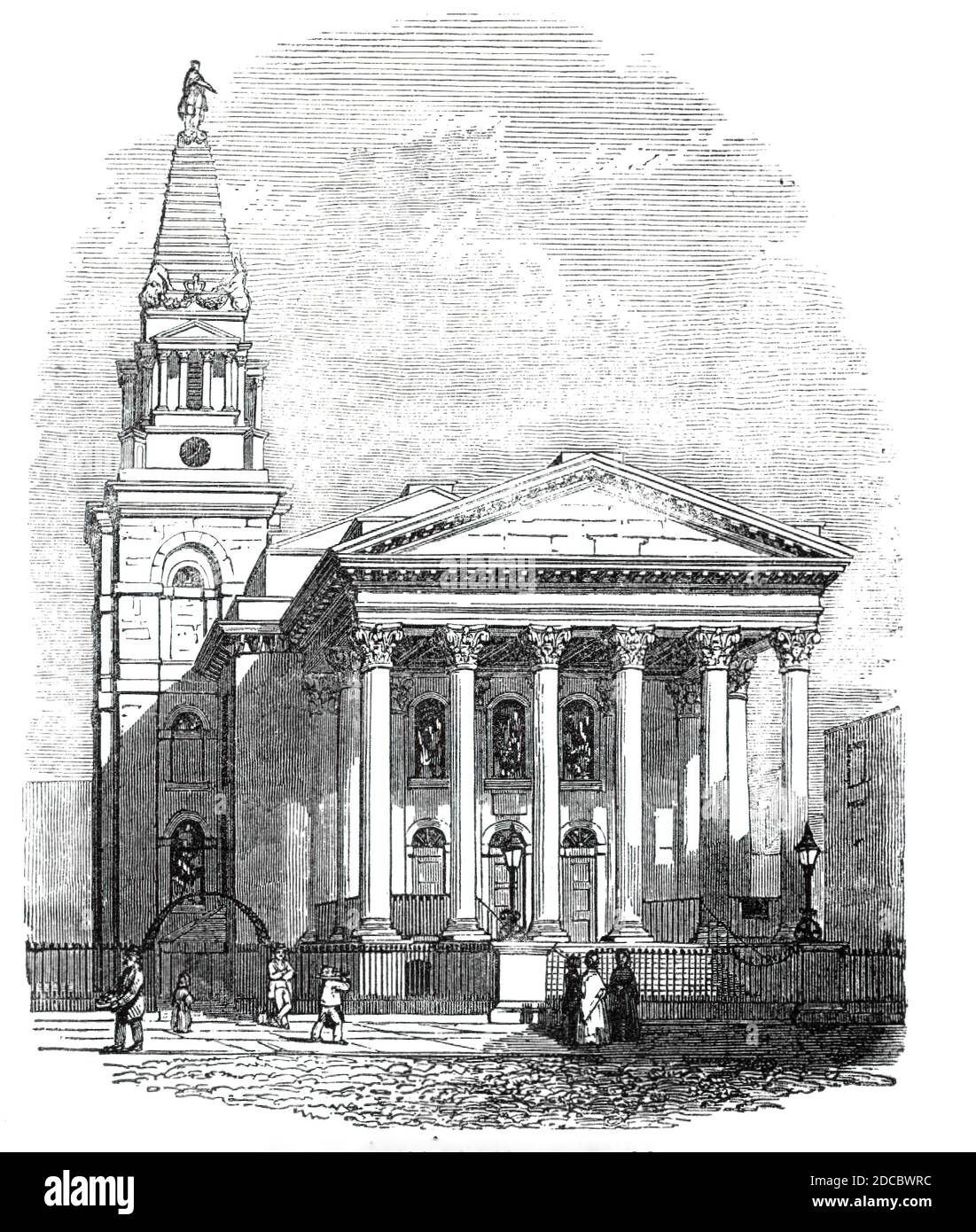 St George's, Bloomsbury, 1844. Cette structure singulière, située dans la rue Hart, place Bloomsbury, est l'une des cinquante nouvelles églises nommées pour être construites aux frais du public, par l'Acte du Parlement adopté dans la dixième année du règne de la reine Anne; Il a été consacré en 1731...it a été conçu par Nicholas Hawksmoor...its la caractéristique la plus admirée est le magnifique portique de huit colonnes corinthiennes... Walpole appelle le steeple chef-d'œuvre de l'absurdité... au-dessus de cette étape commence une série d'étapes, se rétrécir progressivement, afin de supposer une apparence pyramidale, le plus bas étant ornementé à Banque D'Images