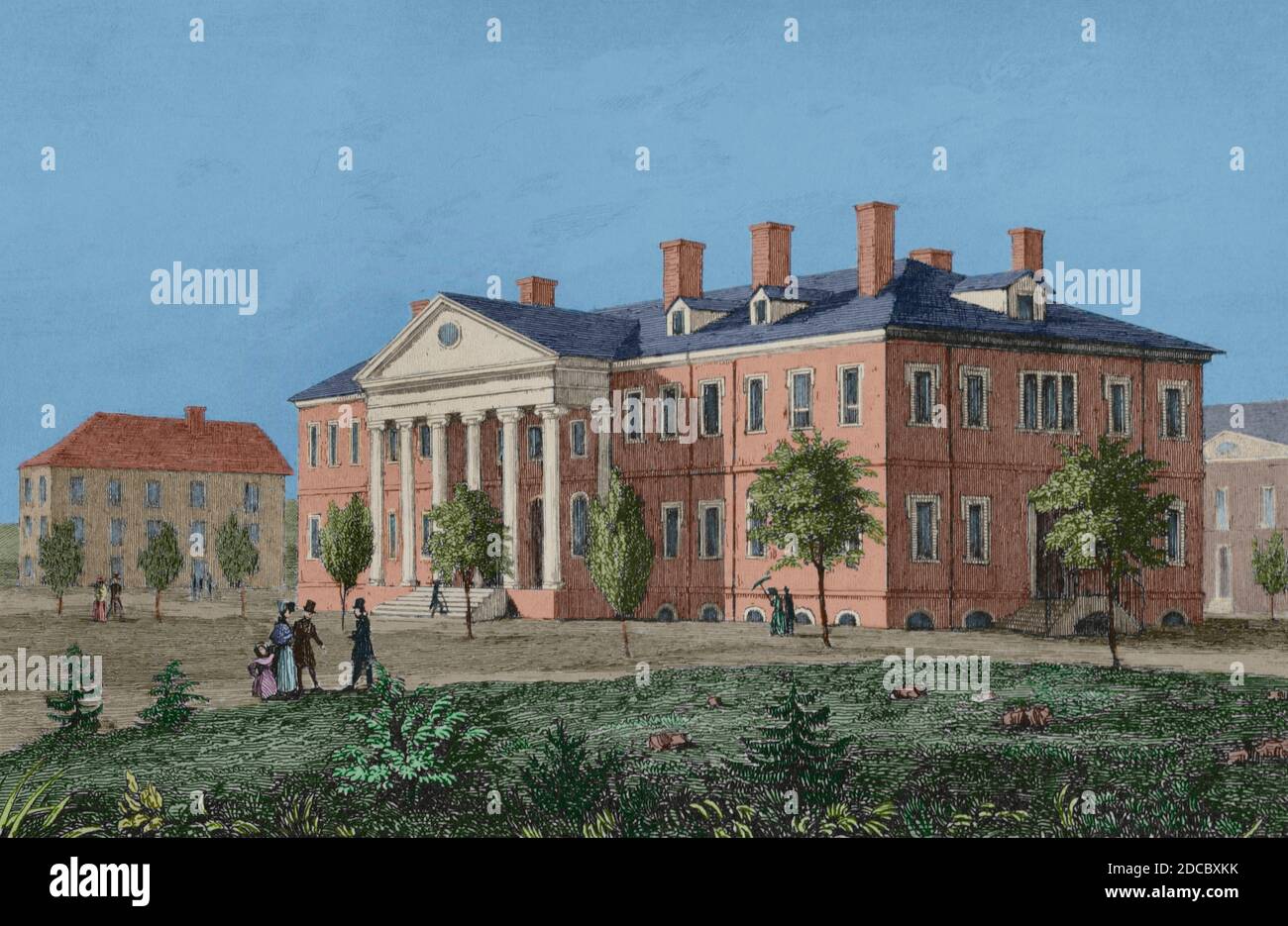 États-Unis, Département d'État de Washington D.C.. Gravure par Arnaut. Panorama universel. Histoire des Etats-Unis d'Amérique, de la 1ère édition de Jean B.G. Les États-Unis d'Amérique du Roux de Rochelle en 1837. Édition espagnole, imprimée à Barcelone, 1850. Coloration ultérieure. Banque D'Images