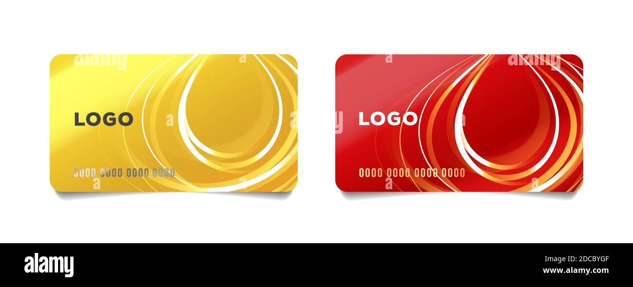 Jeu de cartes de crédit bancaires avec illustration abstraite de rayures formant une goutte, en rouge et jaune Illustration de Vecteur