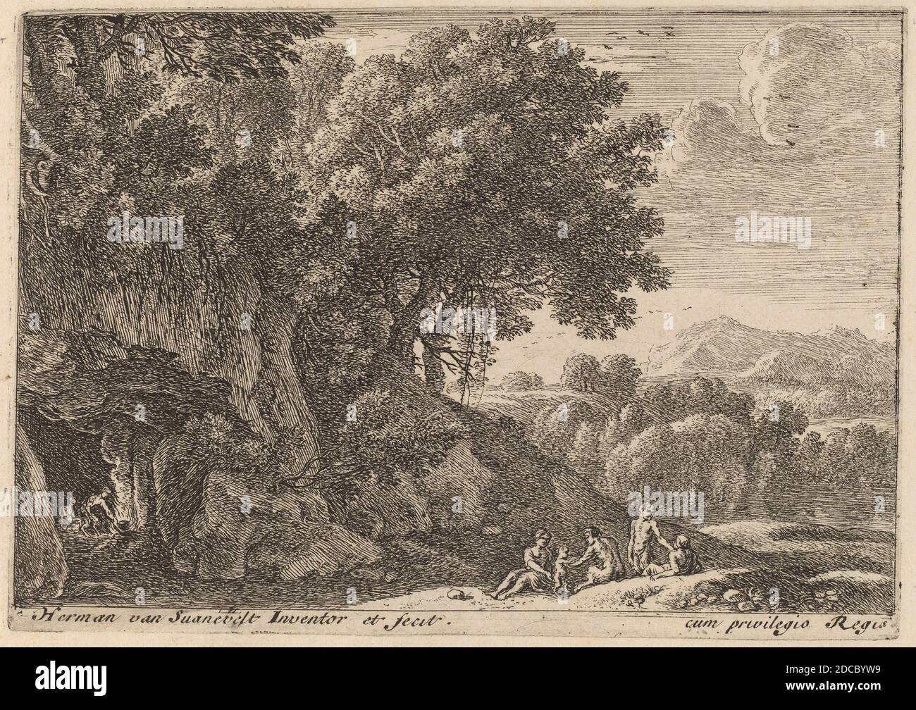 Herman van Swanevelt, (artiste), Néerlandais, c. 1600 - 1655, satyres autour d'un feu, paysages avec satyres, (série), gravure Banque D'Images