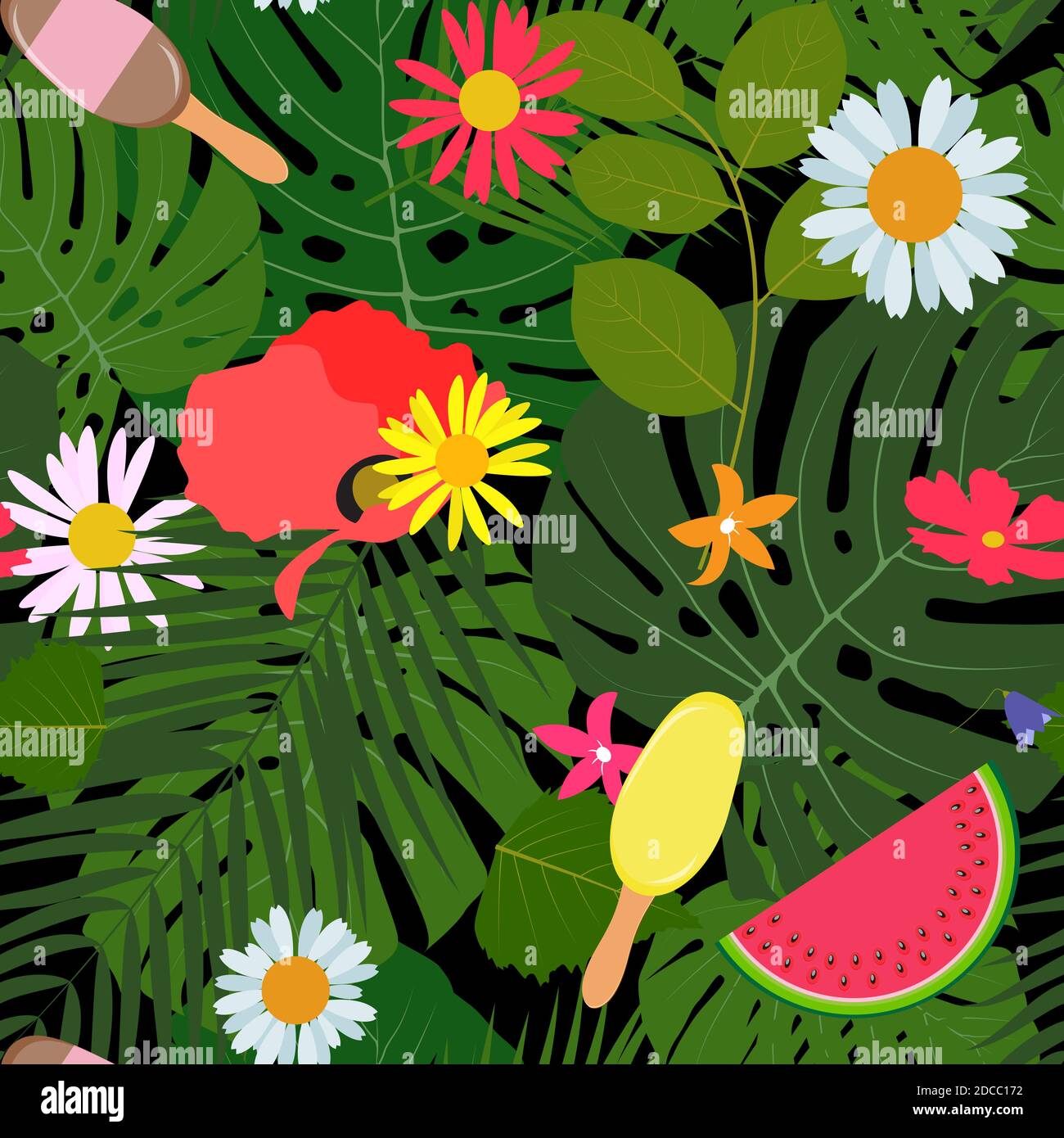 Arrière-plan à motif abstrait d'été sans couture avec feuilles et fleurs de palmier. Illustration Banque D'Images