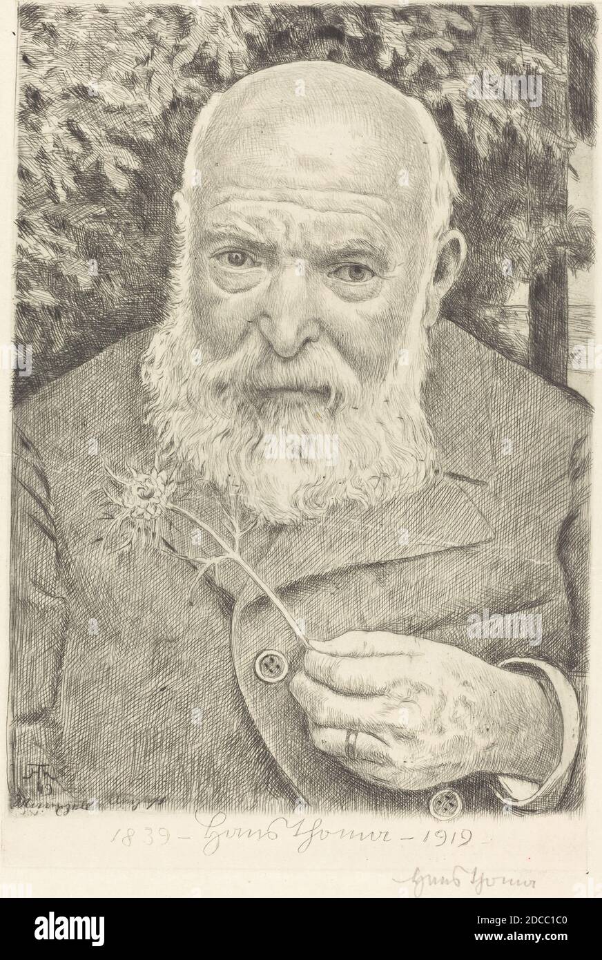 Hans Thoma, (artiste), allemand, 1839 - 1924, autoportrait VI avec fleur, 1909, gravure Banque D'Images