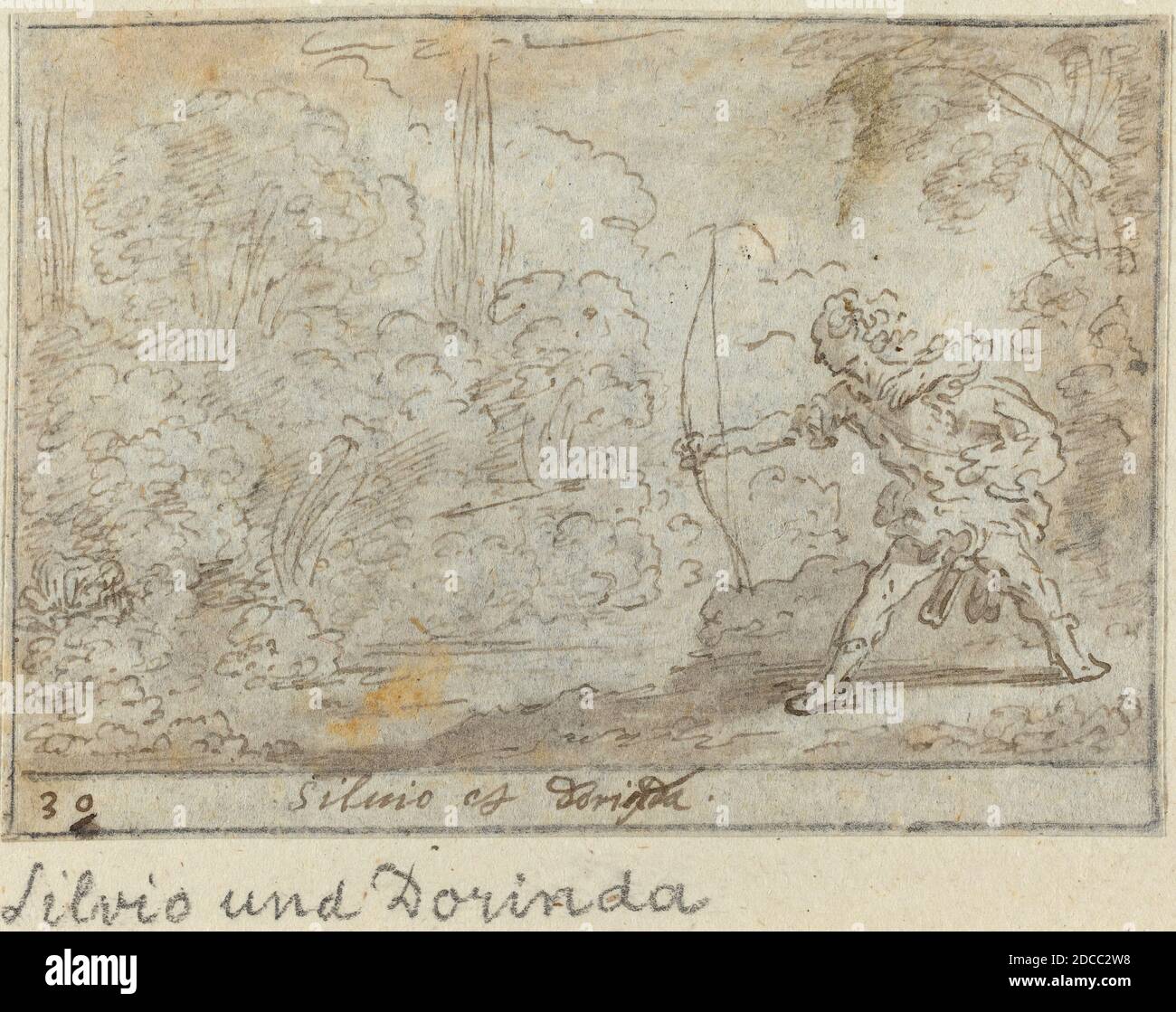 Johann Wilhelm Baur, (artiste), allemand, 1607 - 1641, Silvio et Dorinda, G.B. « il PASTOR fido » de Guarini, (série), 1640, stylo et encre brune avec lavage brun sur papier ponté, total : 6.5 x 9 cm (2 9/16 x 3 9/16 po Banque D'Images
