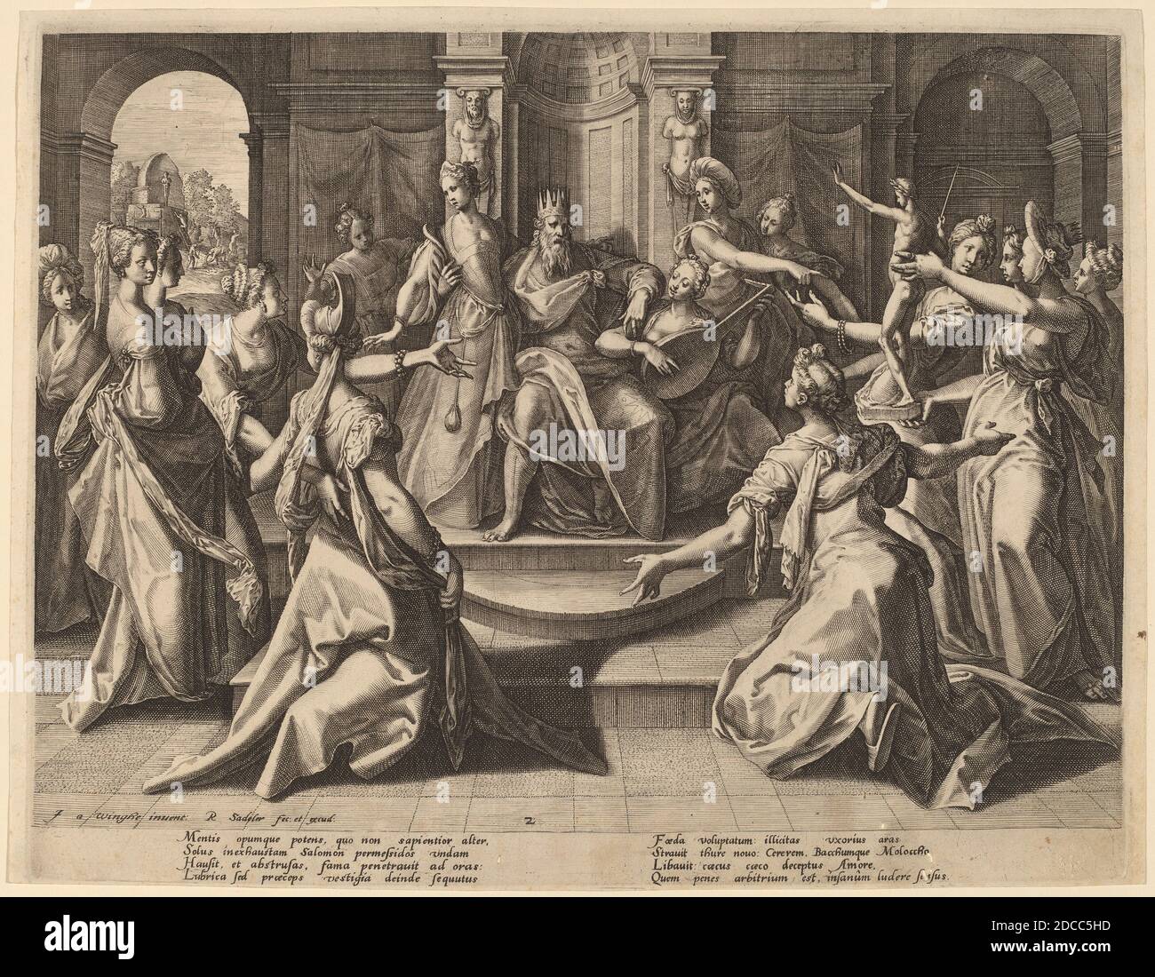 Raphael Sadeler I, (artiste), Flamand, 1560/1561 - 1628 ou 1632, Joos van Winche, (artiste après), Flamand, 1544 - 1603, Salomon conduit à l'idolâtrie par ses épouses, le pouvoir des femmes sur les hommes: pl.2, (série), 1589, gravure sur papier coulé, plaque: 22.6 x 28.9 cm (8 7/8 x 11 3/8 po.), hors tout (dimensions du cadre externe) : 59.7 x 44.5 cm (23 1/2 x 17 1/2 po Banque D'Images