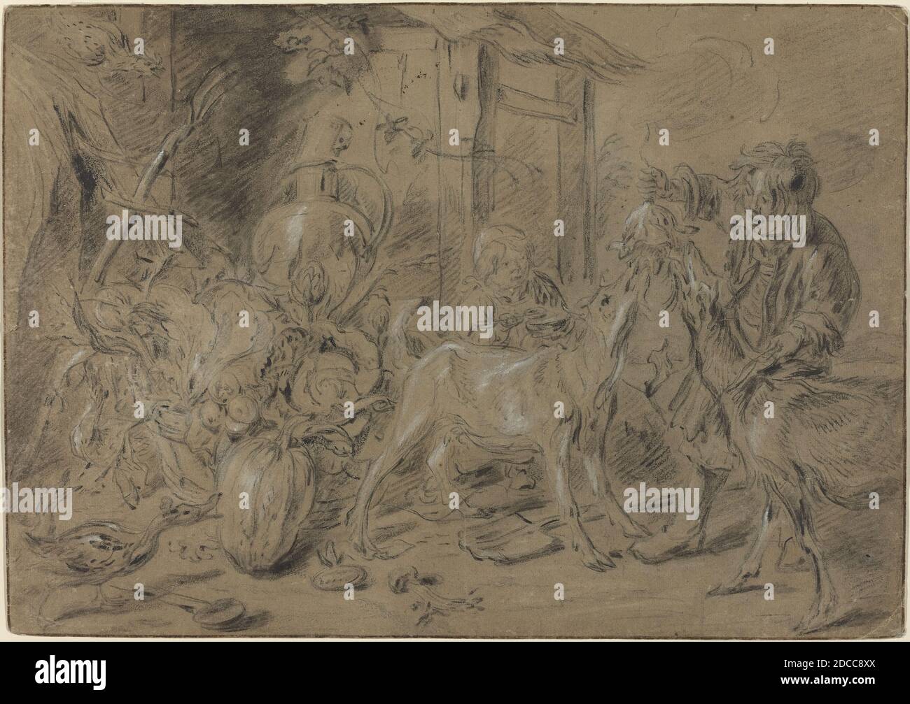 Jan Fyt, (artiste), Flamand, 1611 - 1661, Still Life with Two Children nourrissant des chèvres, craie noire et blanche sur papier bleu pâle, total: 27.1 x 39 cm (10 11/16 x 15 3/8 po Banque D'Images