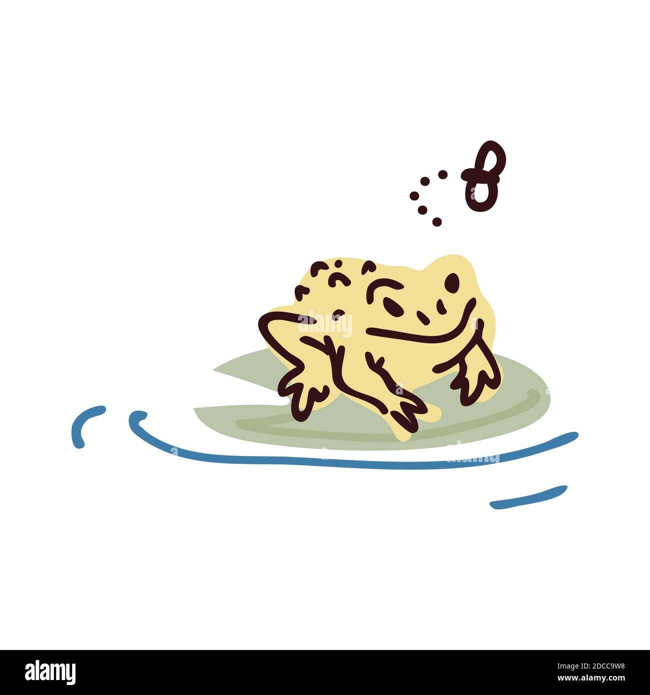 Jolie grenouille de dessin animé sur le coussin de nénuphars de l'étang  avec illustration vectorielle de la linéarte de la mouche. Simple  autocollant clipart d'amphibie. Enfants lac faune dessin à la main