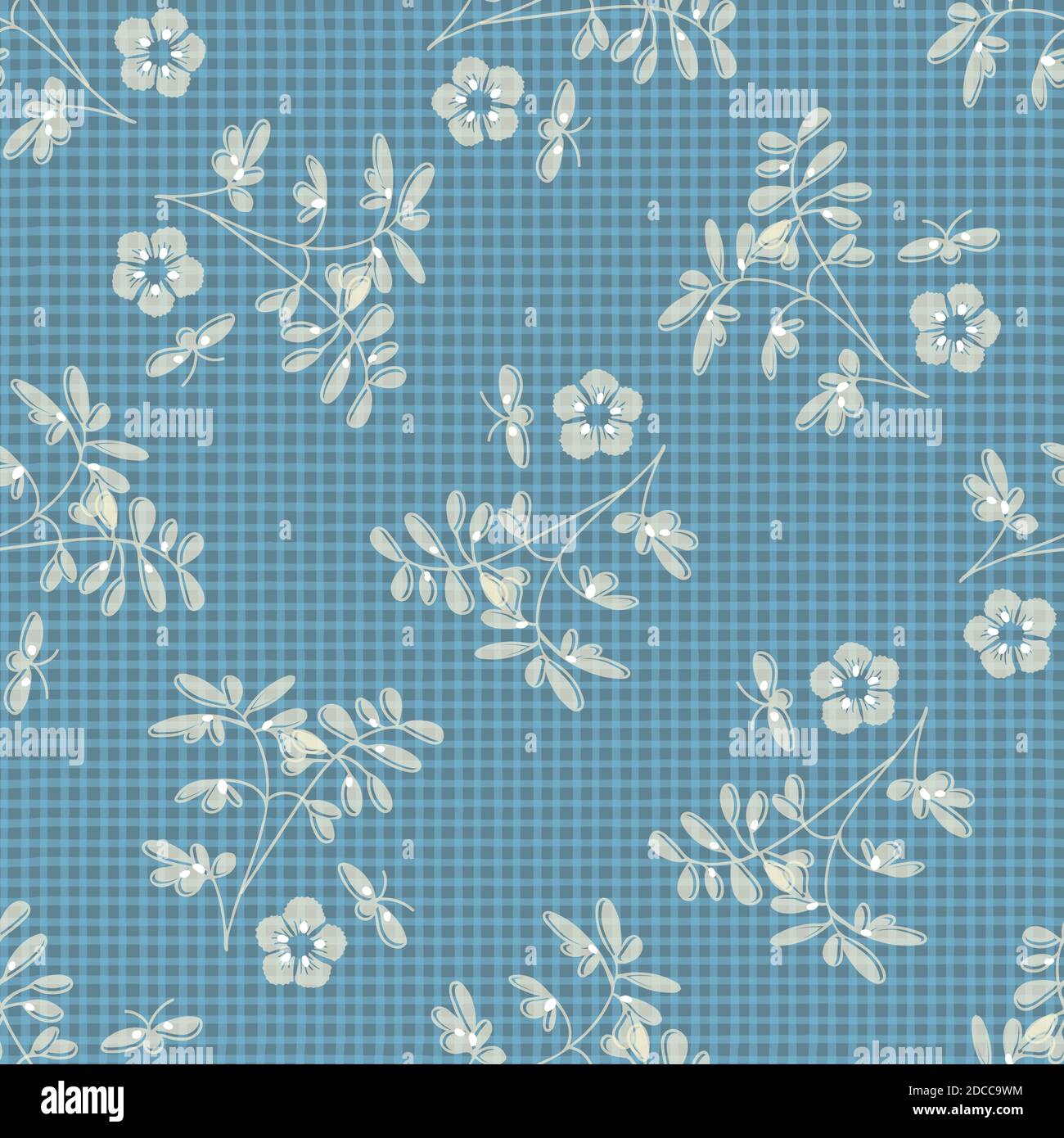 Fond de répétition vectoriel sans coutures Vichy vintage. Bleu monochrome avec fleurs japonaises. Tissu rétro classique, nappe, vêtements de cuisine, tablier. Vignette Vector EPS 10. Illustration de Vecteur