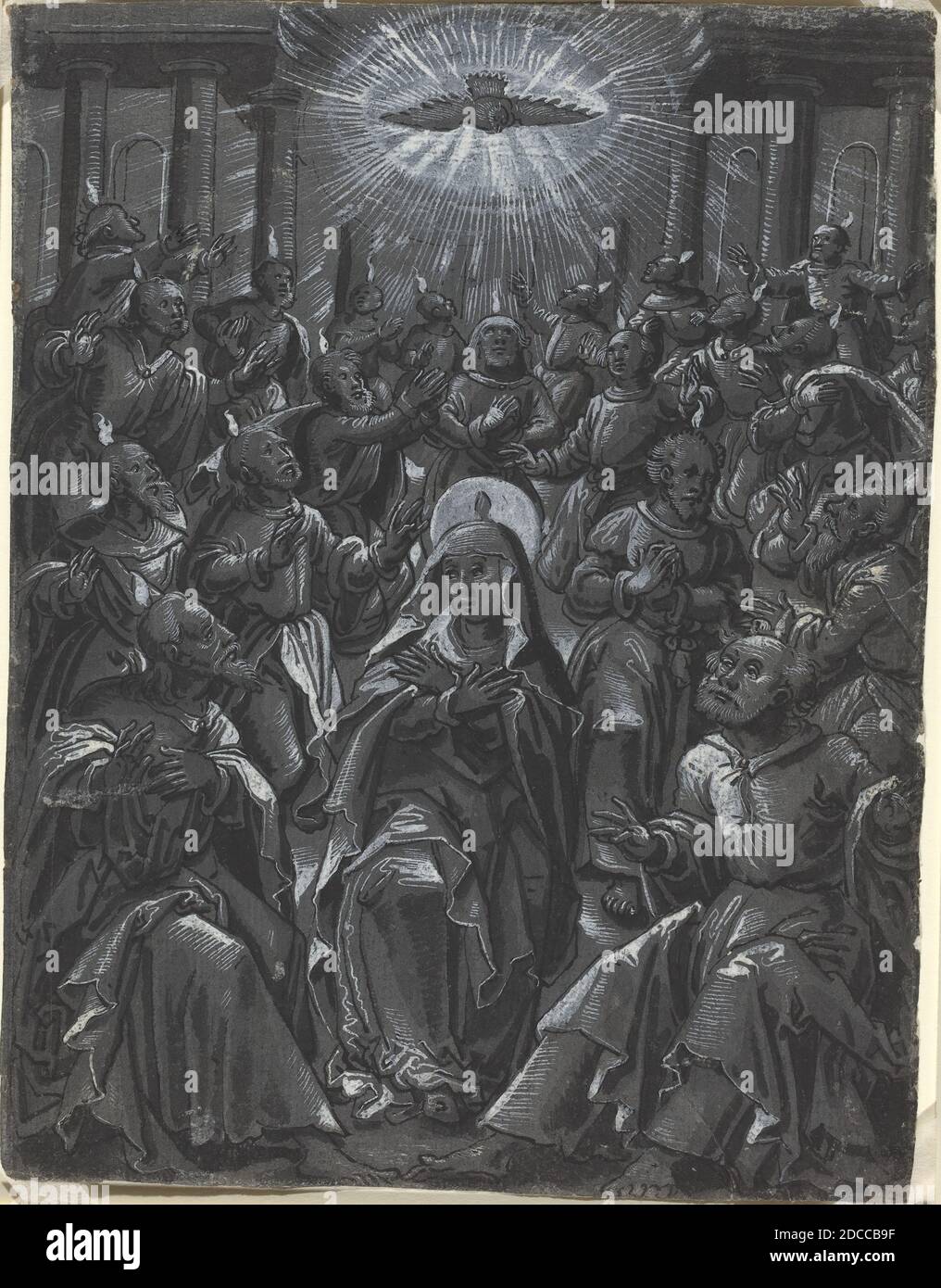 Allemand XVIe siècle, (artiste), Pentecôte, un des 14 dessins sur 8 feuilles de sujets bibliques, (série), c. 1600, stylo et pinceau et encre noire avec lavage gris rehaussé de blanc sur papier gris préparé, total: 20.2 x 15.7 cm (7 15/16 x 6 3/16 po Banque D'Images
