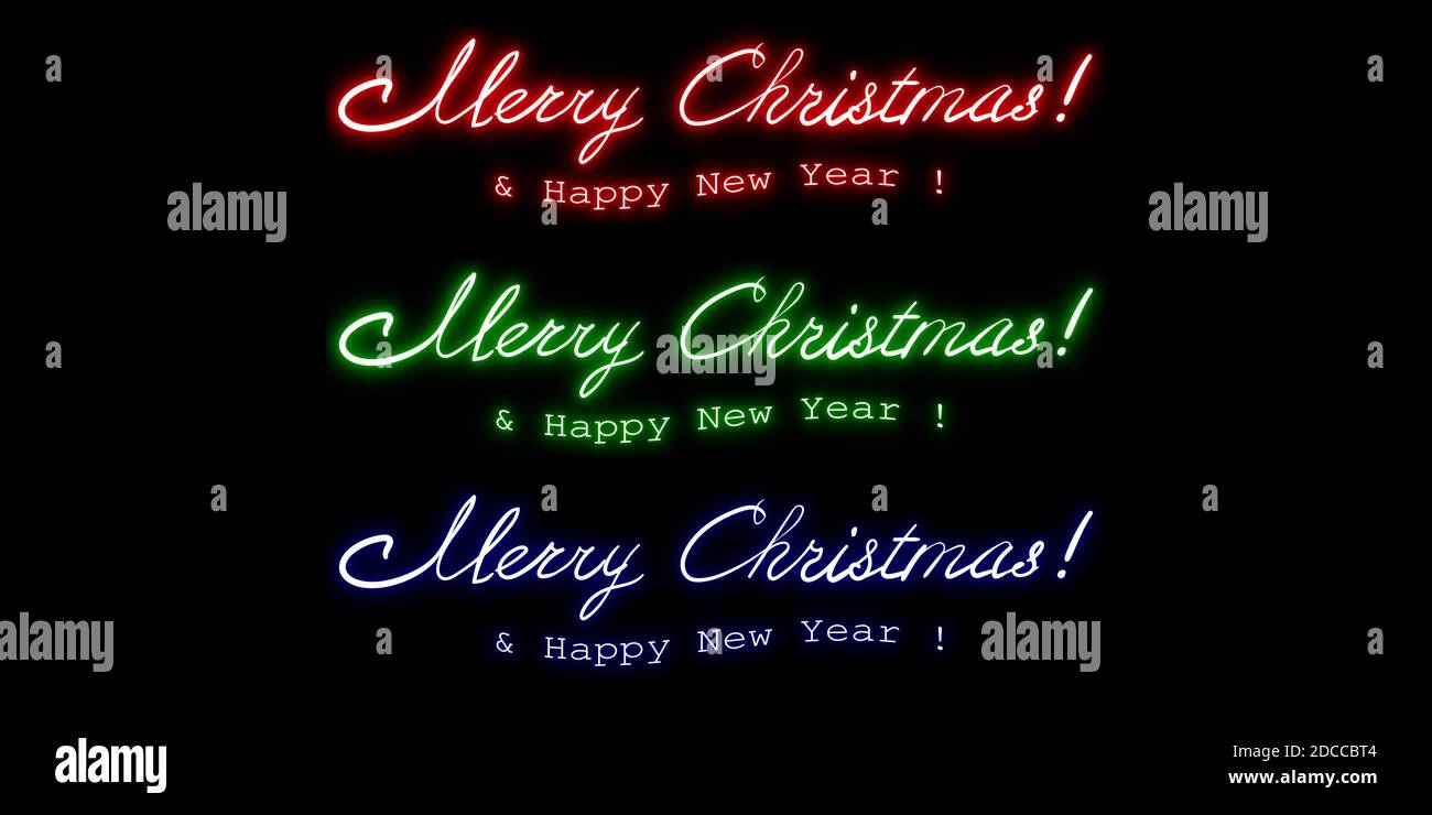Joyeux Noël et bonne année, lettrage au néon dans différentes couleurs calligraphie dessinée à la main isolée sur fond noir. Design pour carte de vœux, Illustration de Vecteur