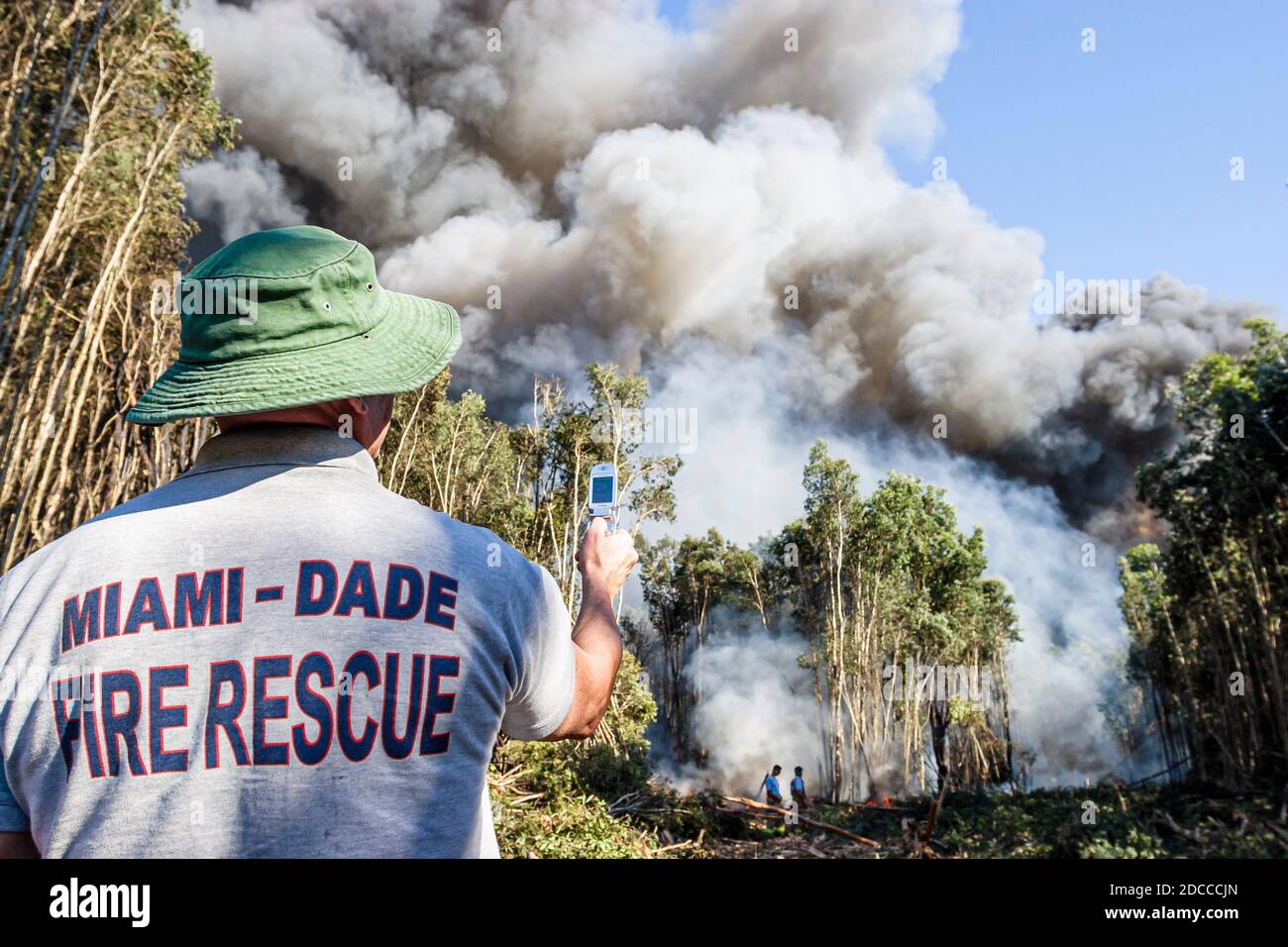 Florida,Miami-Dade Fire Rescue,Everglades,pompier utilisant la caméra mobile cellulaire de téléphone de prendre des photos, feu fumée brûlante arbres combustion contrôlée pompier Banque D'Images