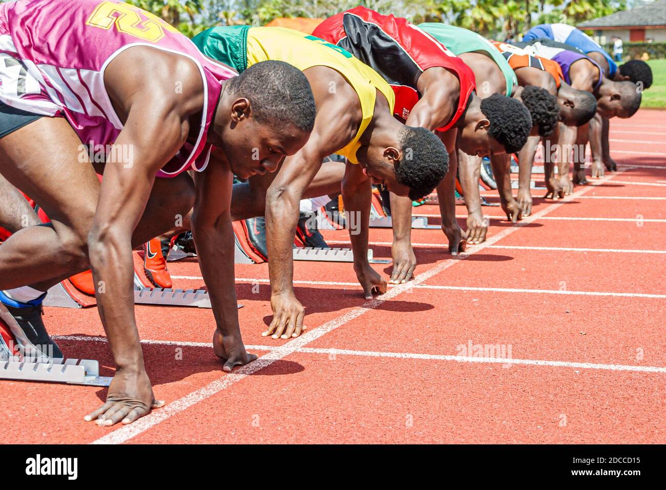 Miami Florida, Tropical Park Greater Miami Athletic Conference championnats, compétition d'étudiants de piste et de terrain en compétition, course de coureur Banque D'Images