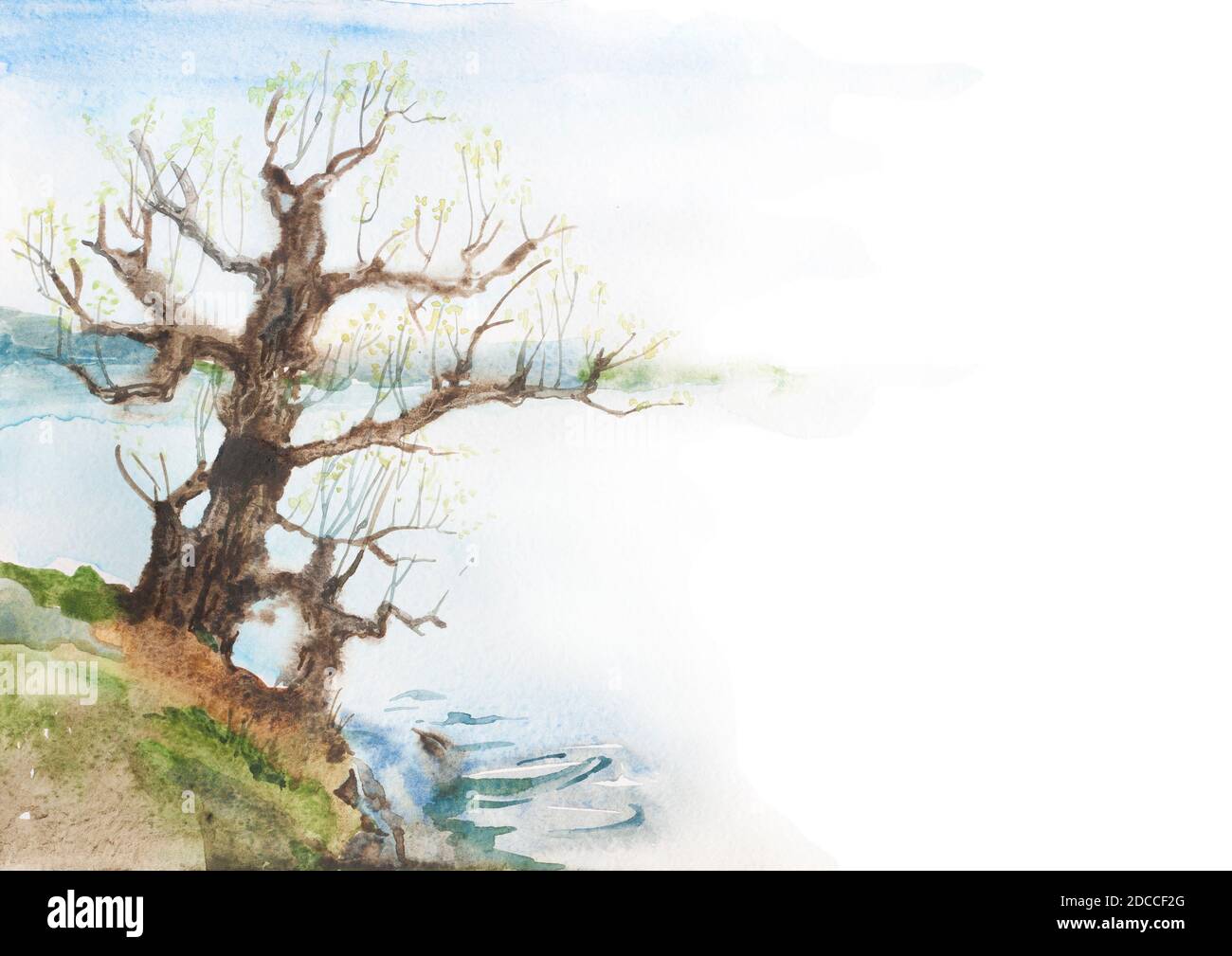 Arbre solitaire sur la rivière dessiné à la main bleu aquarelle abstrait sur fond blanc , toile de fond originale pour le texte Banque D'Images