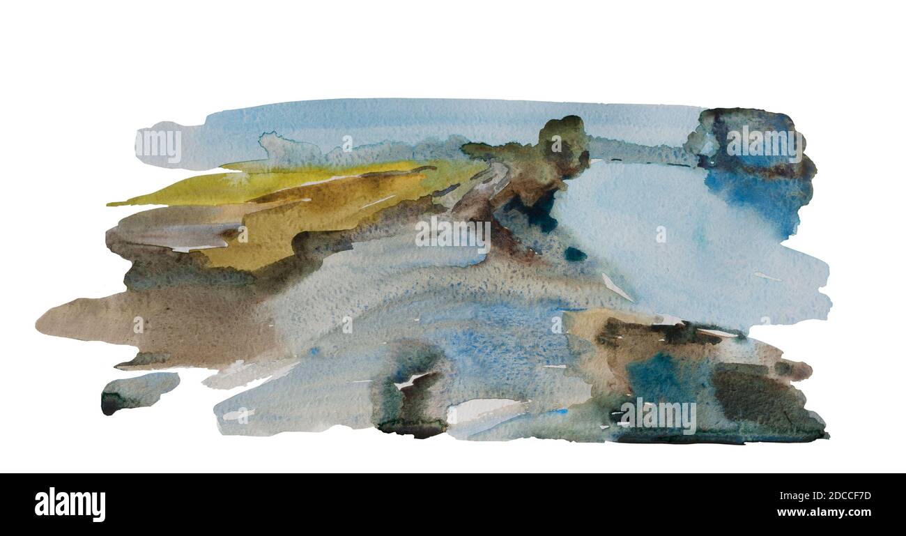 Aquarelle bleue abstraite avec bord de rivière sur fond blanc , arrière-plan rural humide original isolé sur fond blanc Banque D'Images