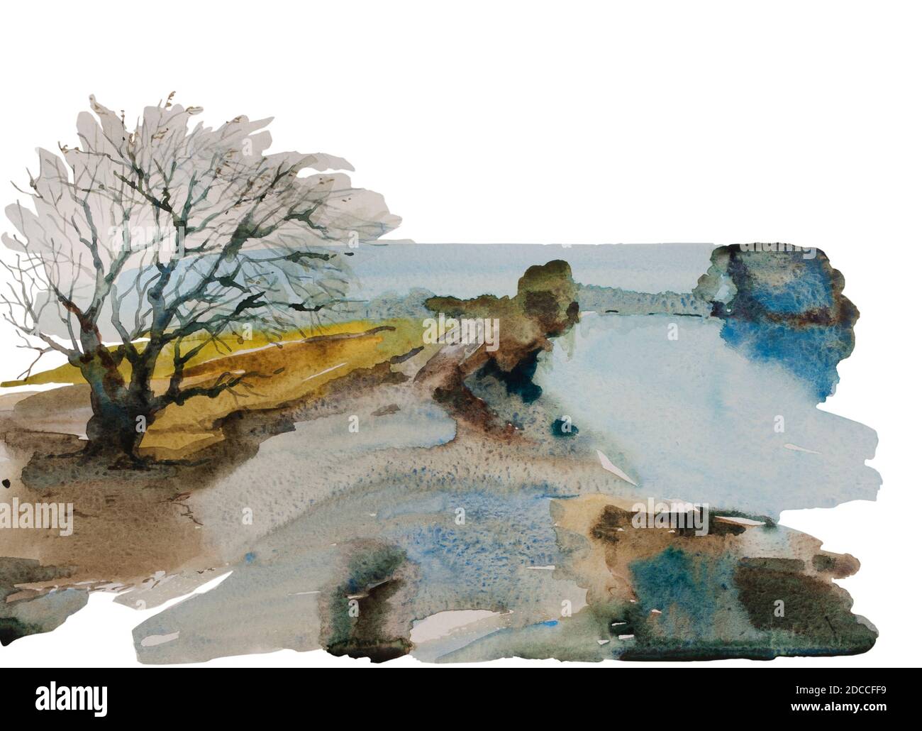 Aquarelle bleue abstraite avec arbre au bord de la rivière, toile de fond humide rurale originale isolée sur fond blanc Banque D'Images