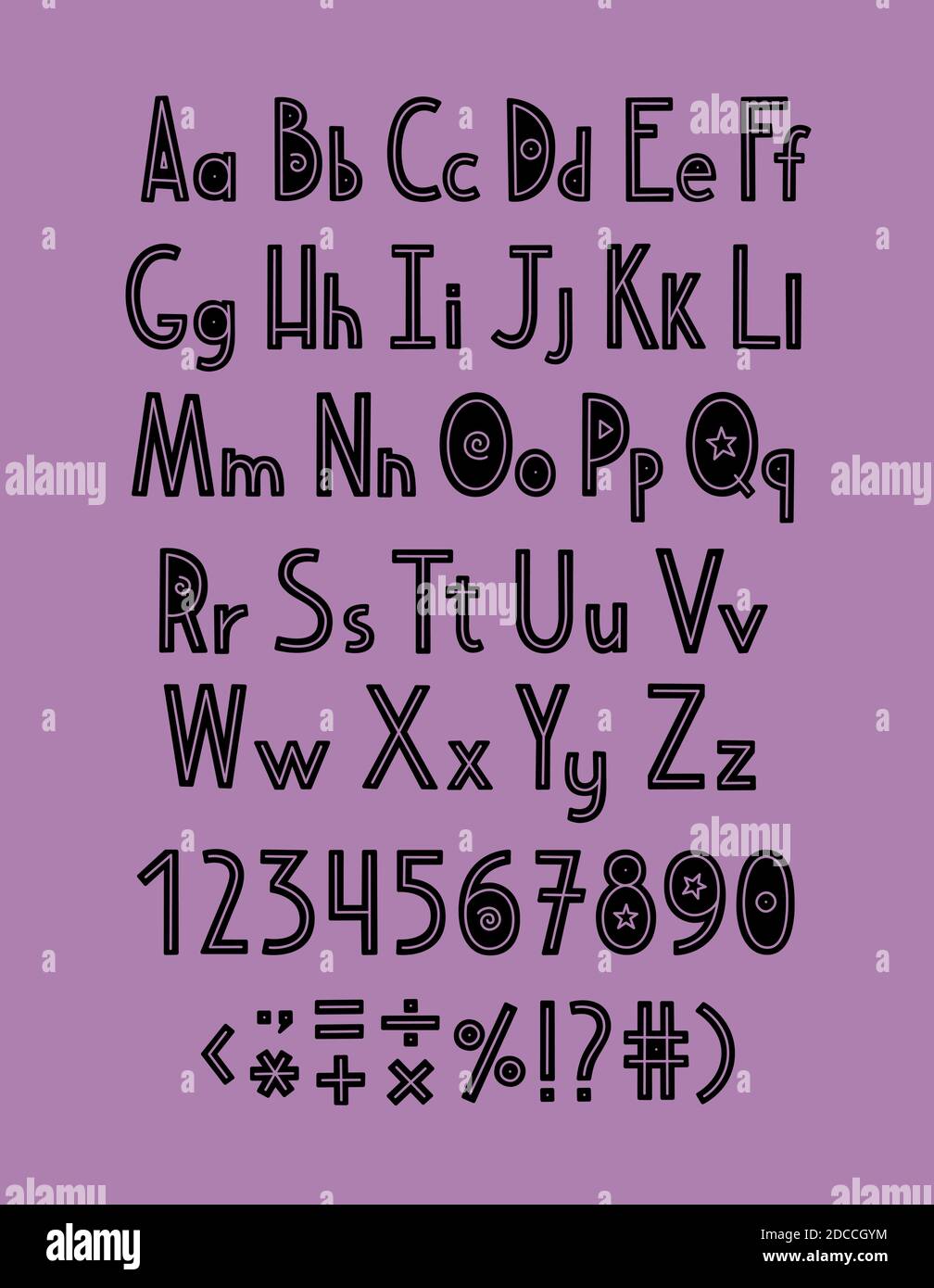 Alphabet vectoriel anglais. Alphabet latin de style caricature. Silhouettes de lettres, de chiffres et de signes de ponctuation Illustration de Vecteur