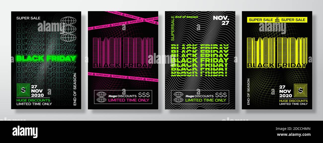 Neon Black Friday Typographie bannières, affiches ou Flayers Templates Collection. Concept d'arrière-plan de la grille d'onde Synth Creative. Abstrait décoratif Illustration de Vecteur