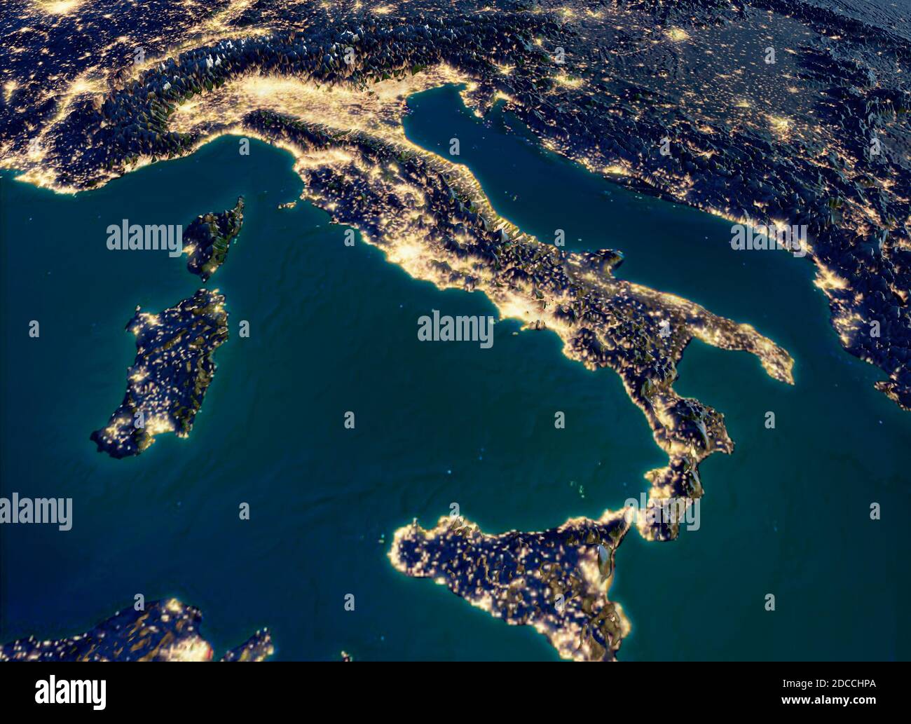 Vue satellite de l'Italie, carte physique, Europe du Sud. Vue de nuit. Lumières de la ville. rendu 3d, reliefs et montagnes. Méditerranée. Italie. Immigrant Banque D'Images