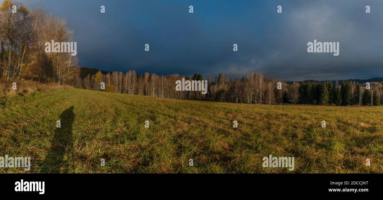 Lever du soleil près de la forêt et chemin vers le centre du parc national Sumava avec ciel nuageux Banque D'Images