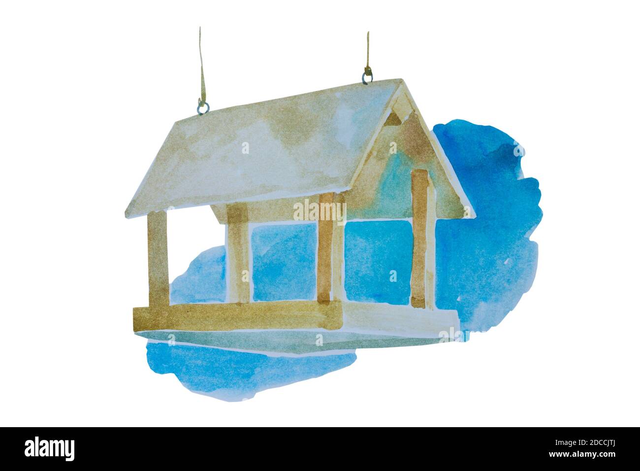 Aquarelle classique oiseaux se nourrissent de bois avec toit et une partie du ciel bleu, original peint à la main illustration isolée sur fond blanc Banque D'Images