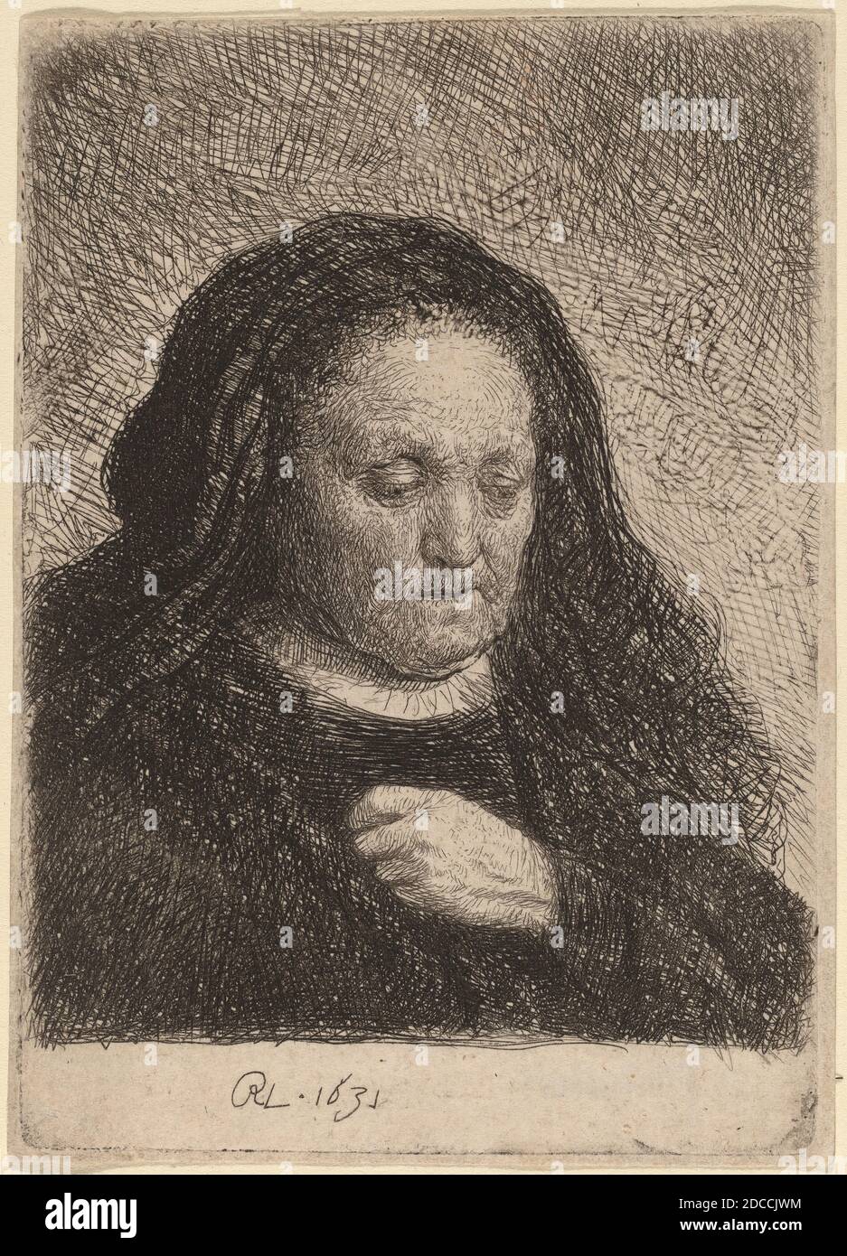 Rembrandt van Rijn, (artiste), néerlandais, 1606 - 1669, mère de l'artiste avec sa main sur sa poitrine, 1631, gravure Banque D'Images
