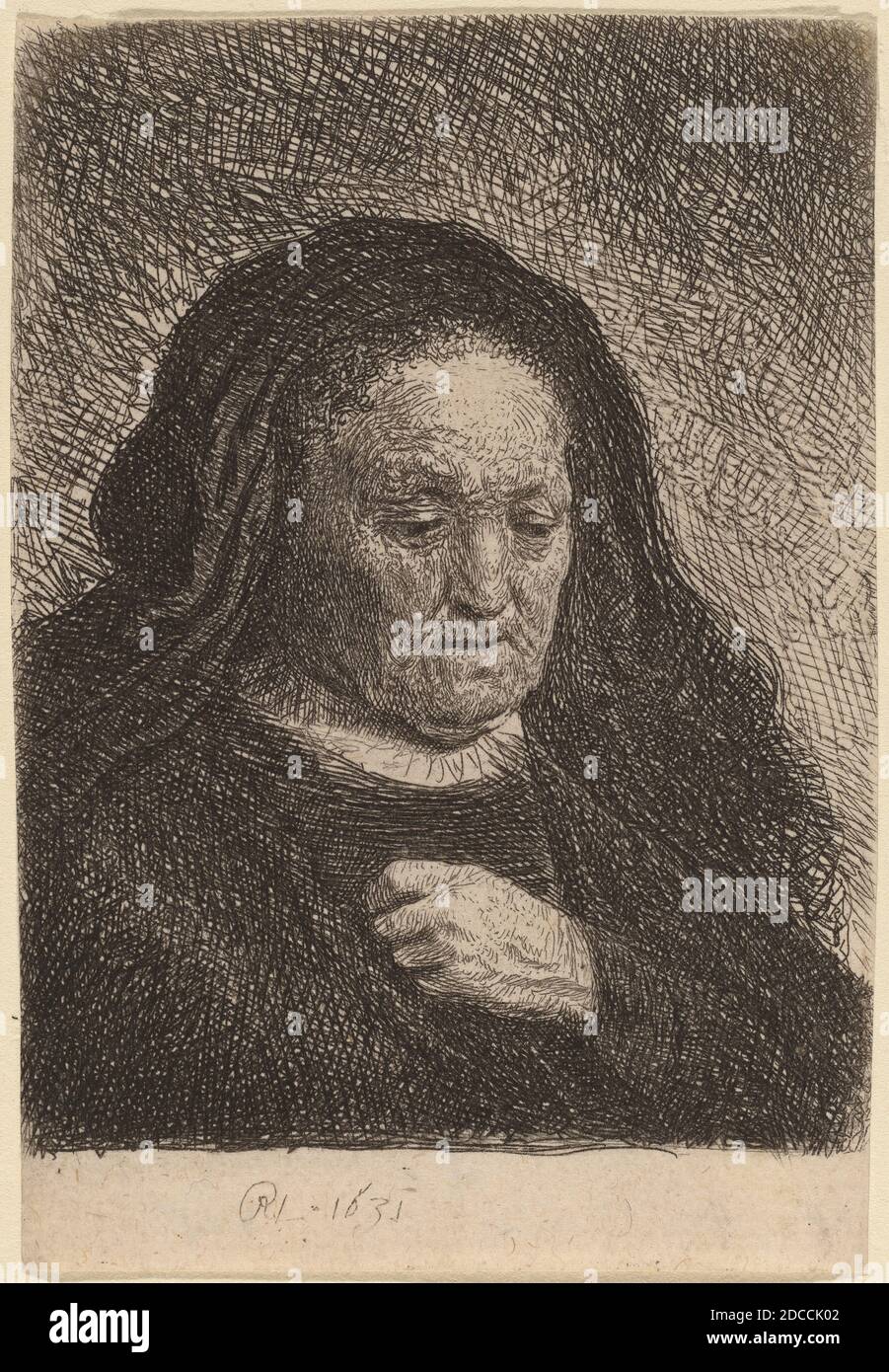 Rembrandt van Rijn, (artiste), néerlandais, 1606 - 1669, mère de l'artiste avec sa main sur sa poitrine, 1631, gravure Banque D'Images