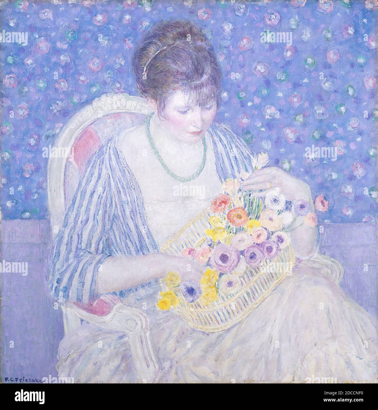 Frederick Carl Frieseke, (artiste), cuisine américaine, 1874 - 1939, The basket of Flowers, c. 1913/1917, huile sur toile, hors tout: 81.4 x 81.5 cm (32 1/16 x 32 1/16 in.), encadré: 93.8 x 94 x 6.7 cm (36 15/16 x 37 x 2 5/8 in Banque D'Images