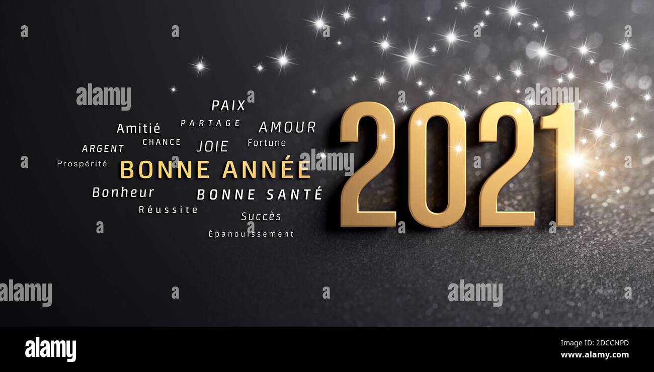 New Year date 2021 et salutations en langue française, coloré en or, sur un fond noir festif, avec des paillettes et des étoiles - illustration 3D Banque D'Images